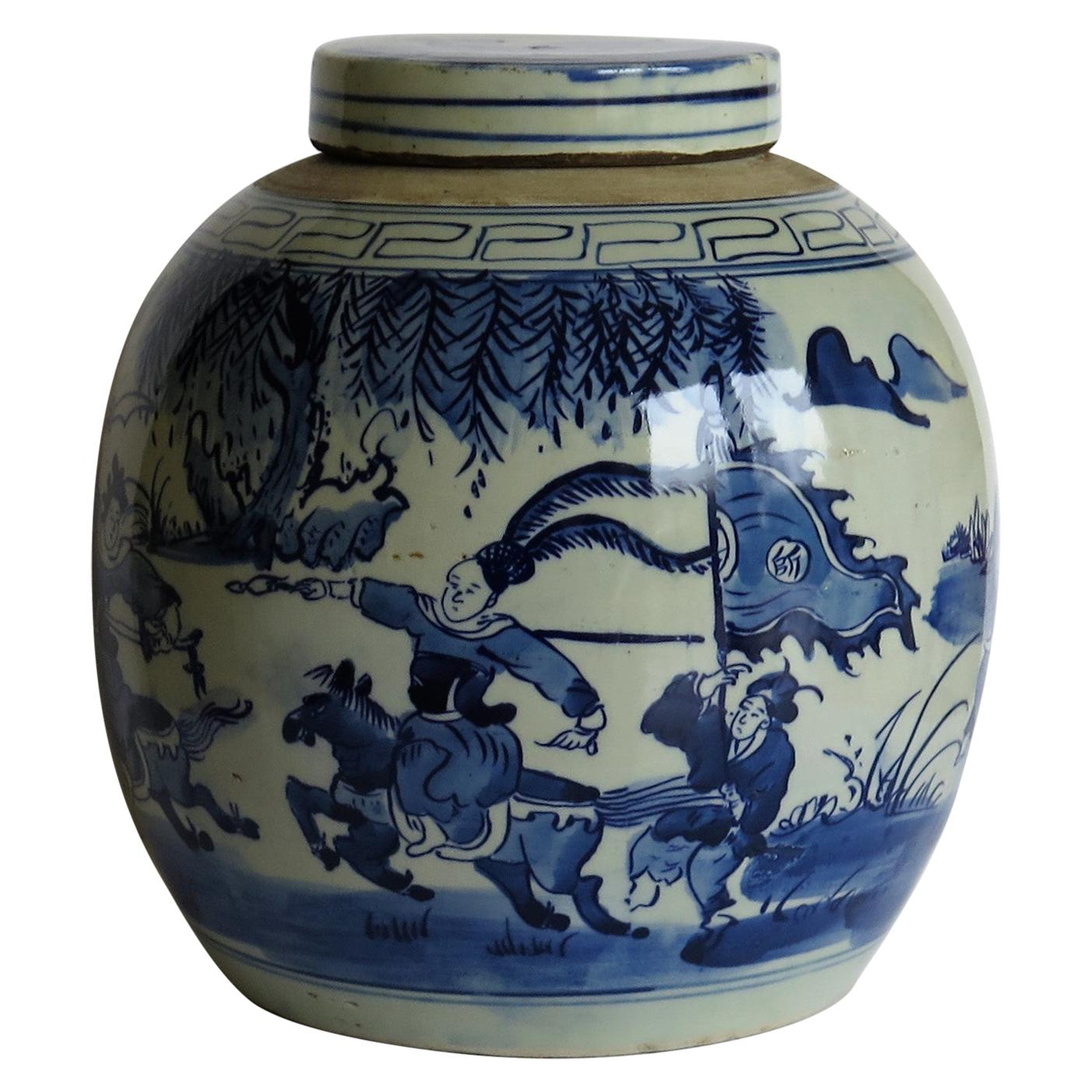 Large Chinese Export Lidded Jar Blue and White Hand Painted, Mid-20th Century