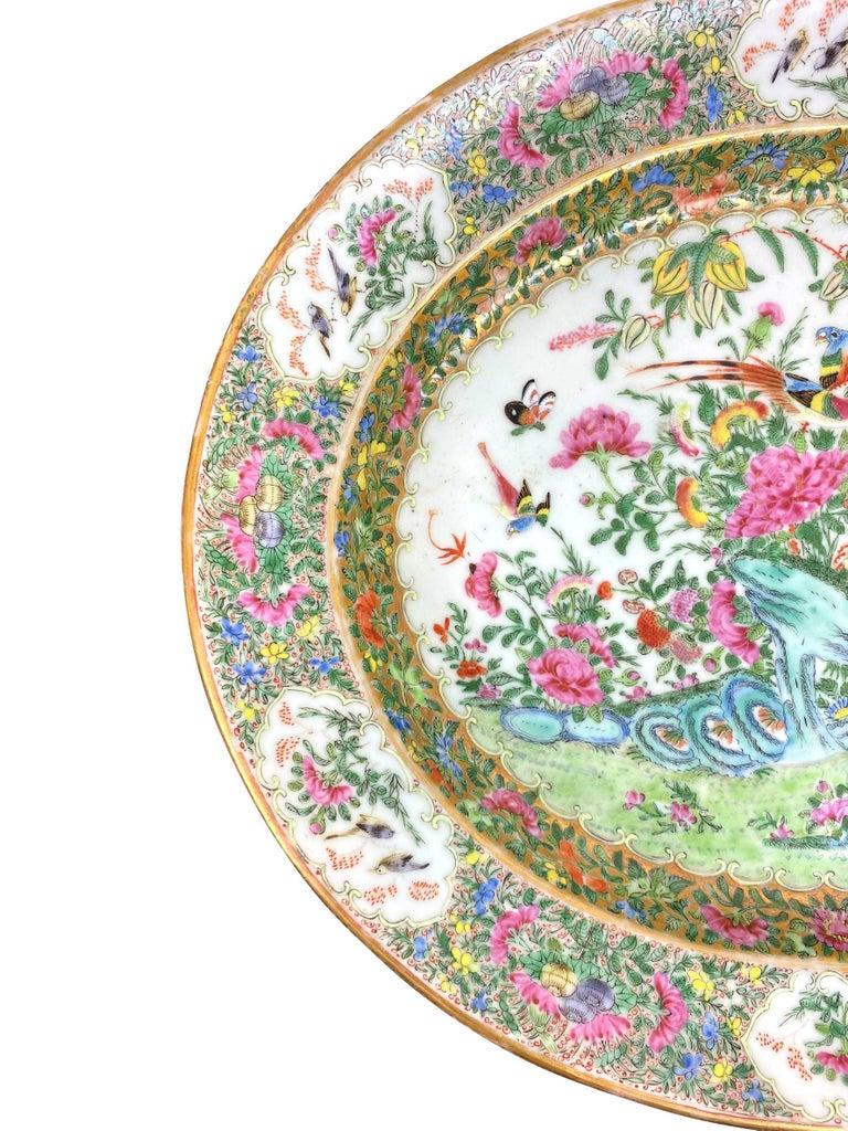 Large Chinese export Porcelain famille rose medallion platter, Canton, ca. 1850, in the Garden pattern, with refined decoration, the center well depicting a garden with two pheasants among peony and exotic floral sprays on blue rockwork, with yellow