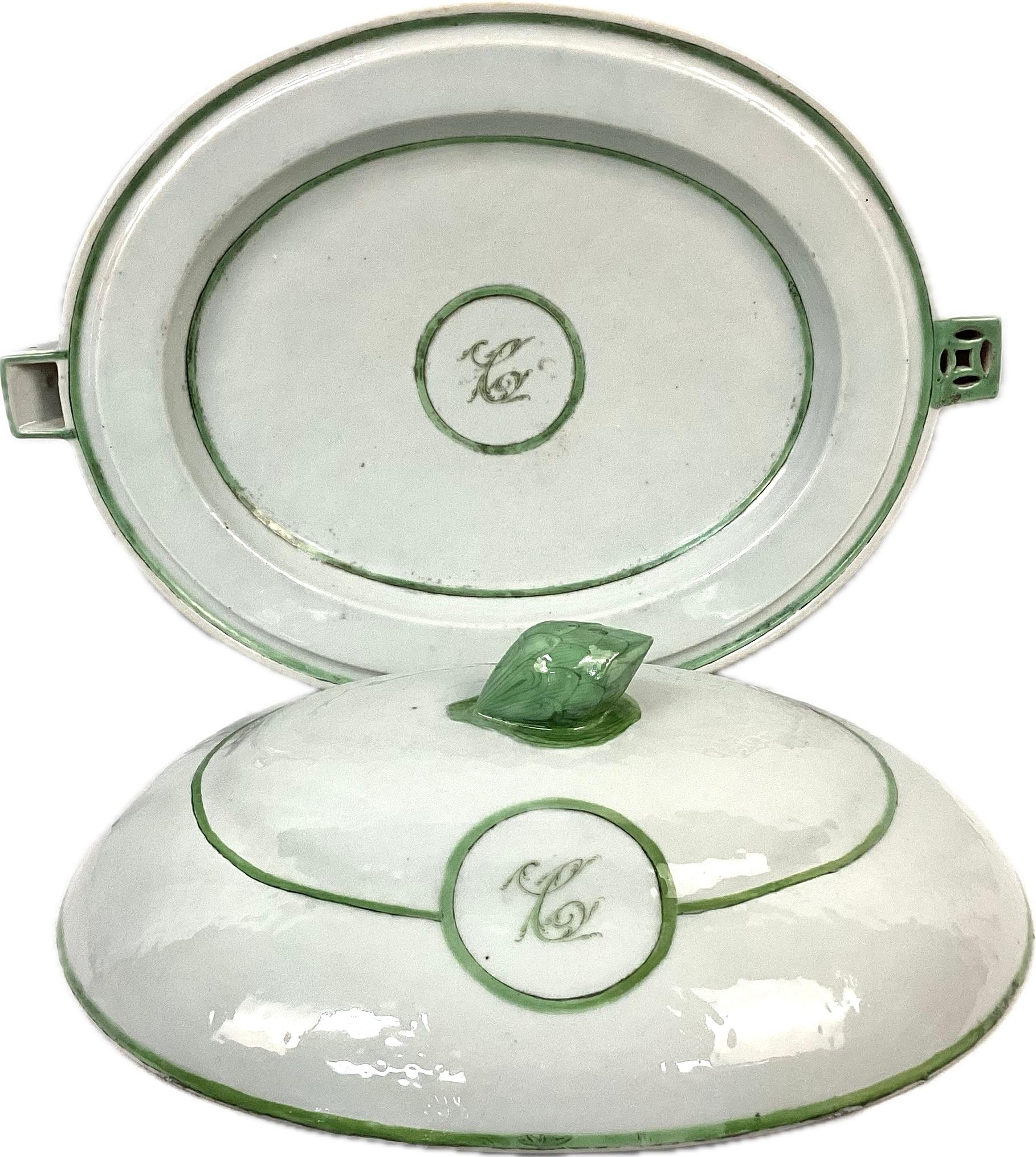 Rare find! Large 19th century Chinese Export porcelain warming dish with lid. Lid has a green porcelain artichoke handle. Beautiful colors of green and white with green florals and the monogram 