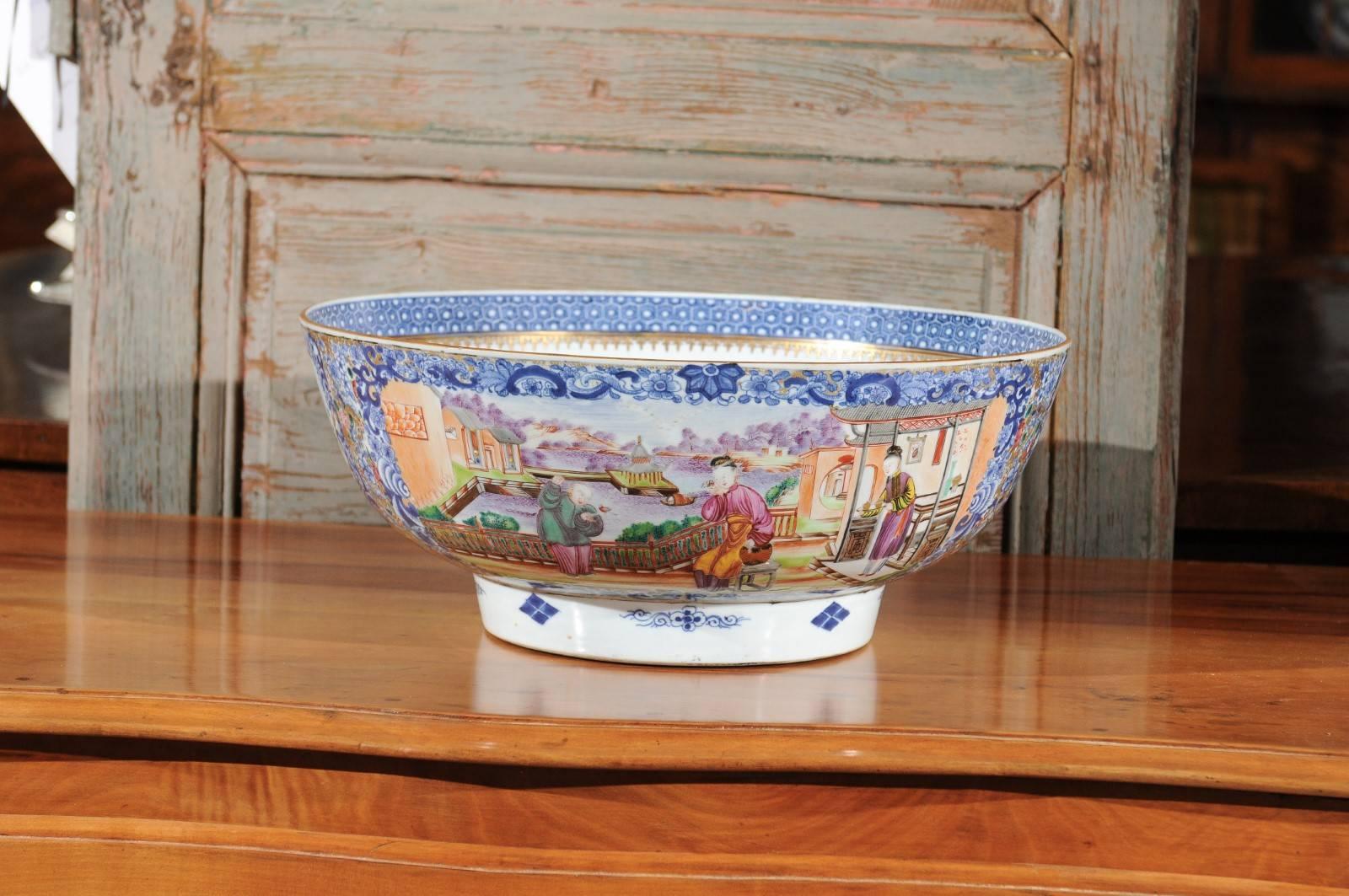 Large Chinese Export punch bowl in Mandarin Palette & Gilt Accents, ca. 1780.