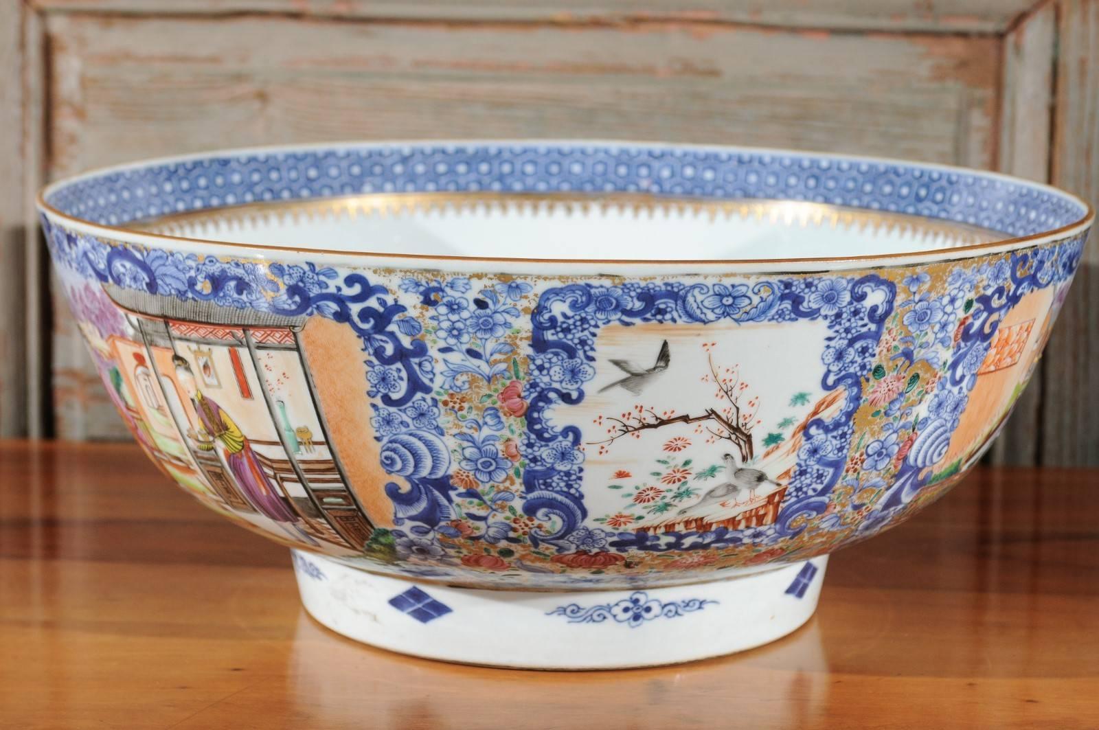 Large Chinese Export Punch Bowl in Mandarin Palette & Gilt Accents, ca. 1780 For Sale 1