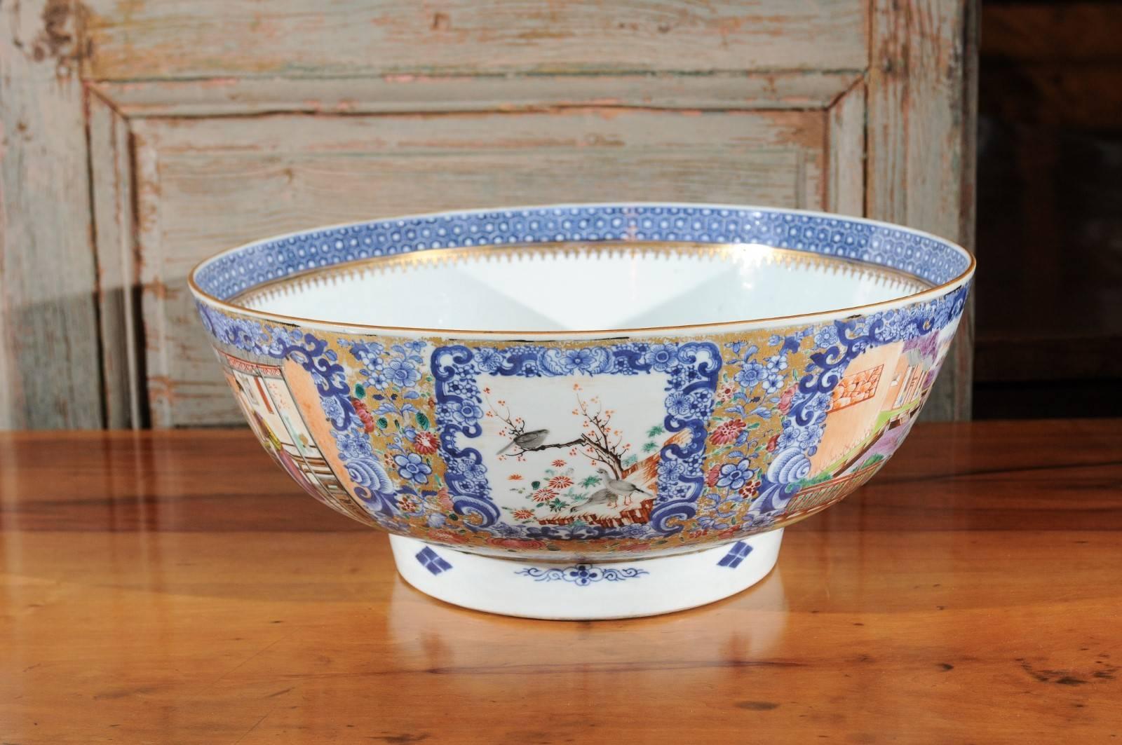 Large Chinese Export Punch Bowl in Mandarin Palette & Gilt Accents, ca. 1780 For Sale 3