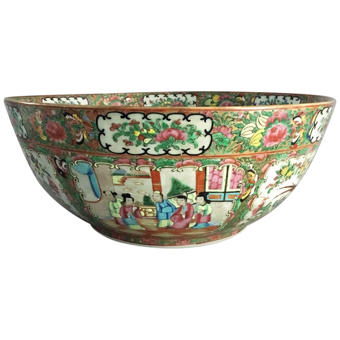 Large Chinese Export Rose Medallion Punch Bowl For Sale