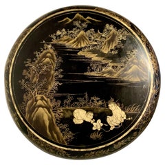 Retro Large Chinese Export Round Black Lacquer Gilt Painted Box, Mid 20th Century