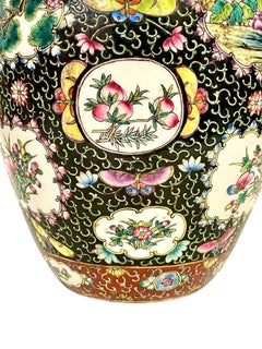 Gran jarrón chino de porcelana Famille Noire con pájaros y paneles florales