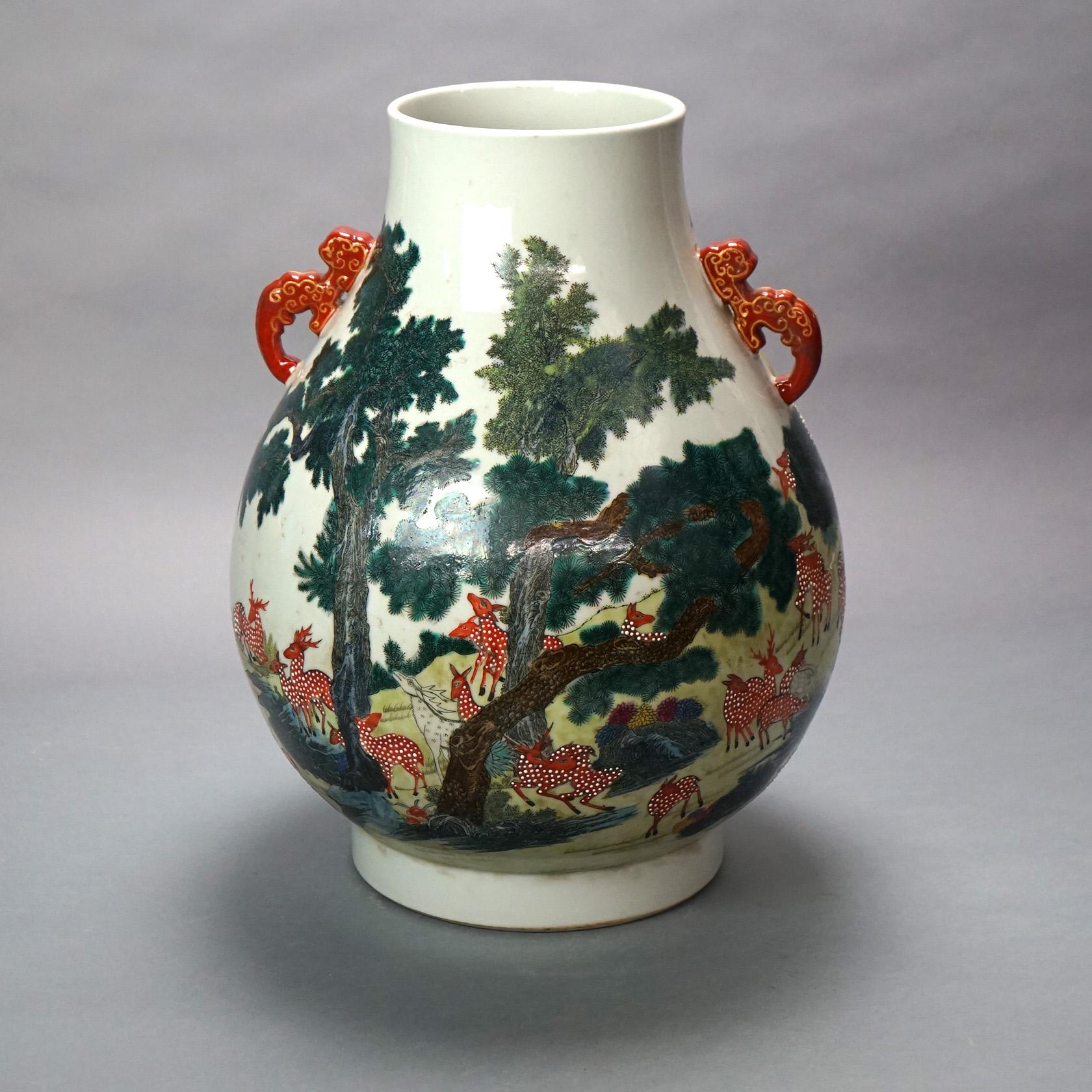 Large Chinese Famille Rose Hu Figural Landscape Porcelain Vase, Qianlong Mark In Good Condition For Sale In Big Flats, NY