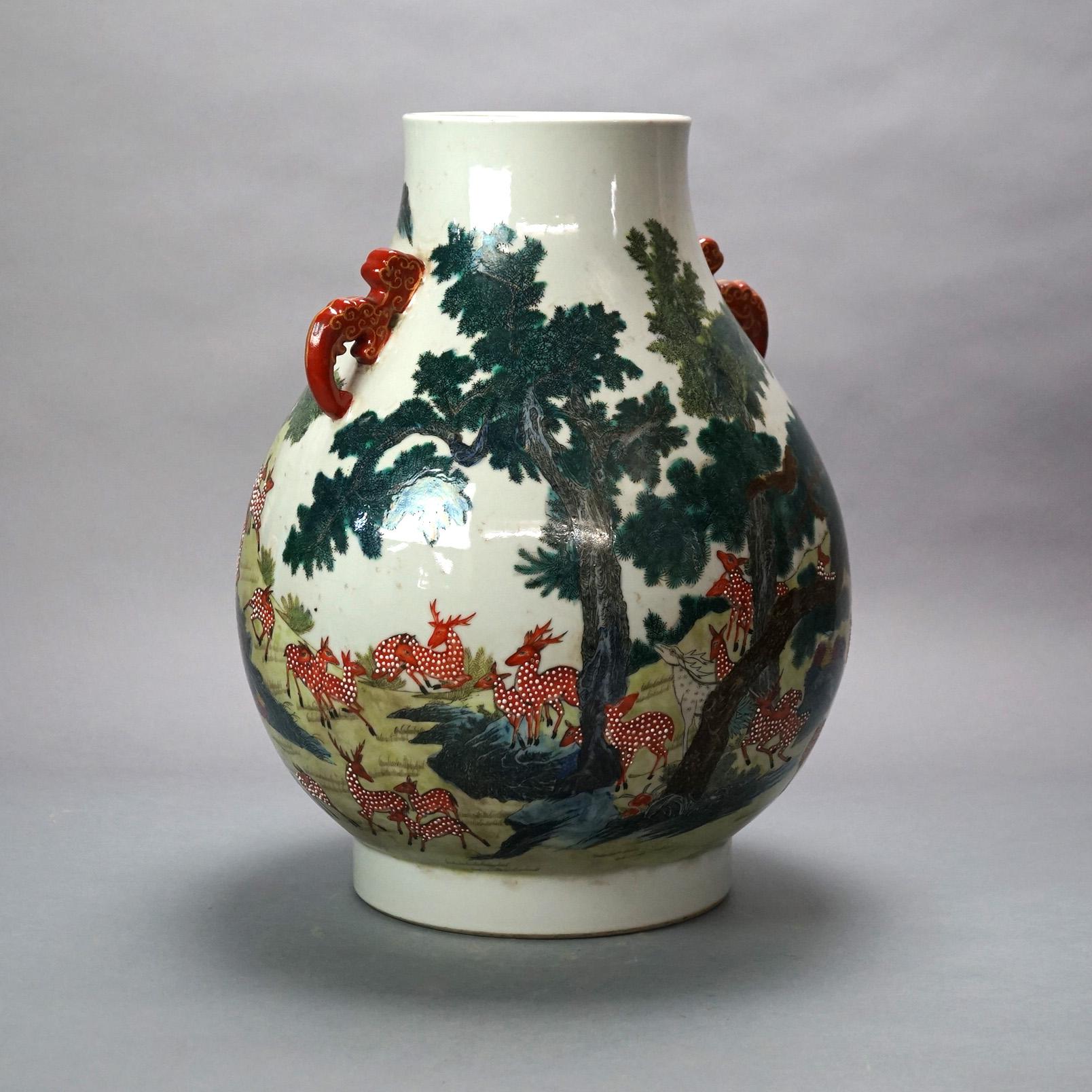20th Century Large Chinese Famille Rose Hu Figural Landscape Porcelain Vase, Qianlong Mark For Sale
