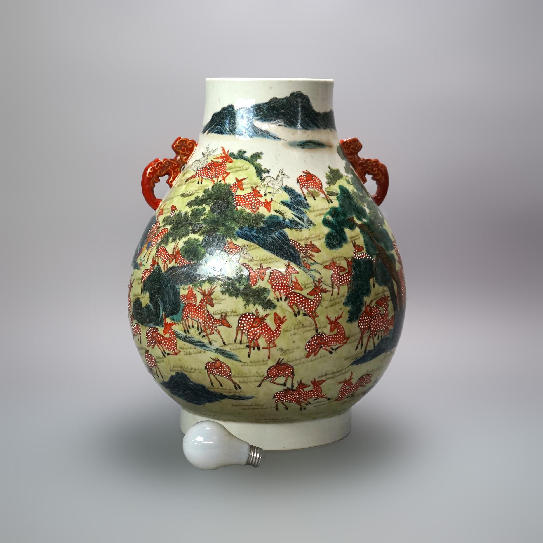 Large Chinese Famille Rose Hu Figural Landscape Porcelain Vase, Qianlong Mark For Sale 1