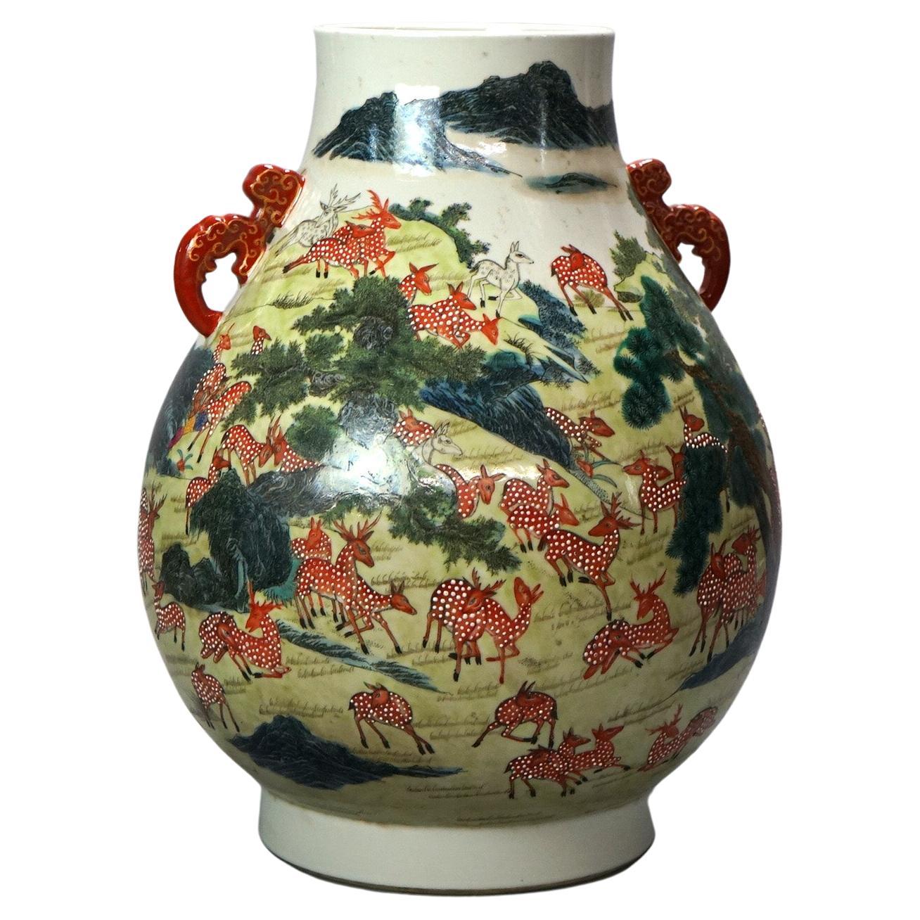 Large Chinese Famille Rose Hu Figural Landscape Porcelain Vase, Qianlong Mark For Sale