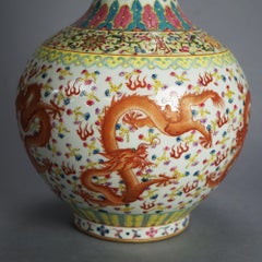 Large Chinese Famille Rose Hu Porcelain Vase with Kangxi Mark & Dragons 20thC