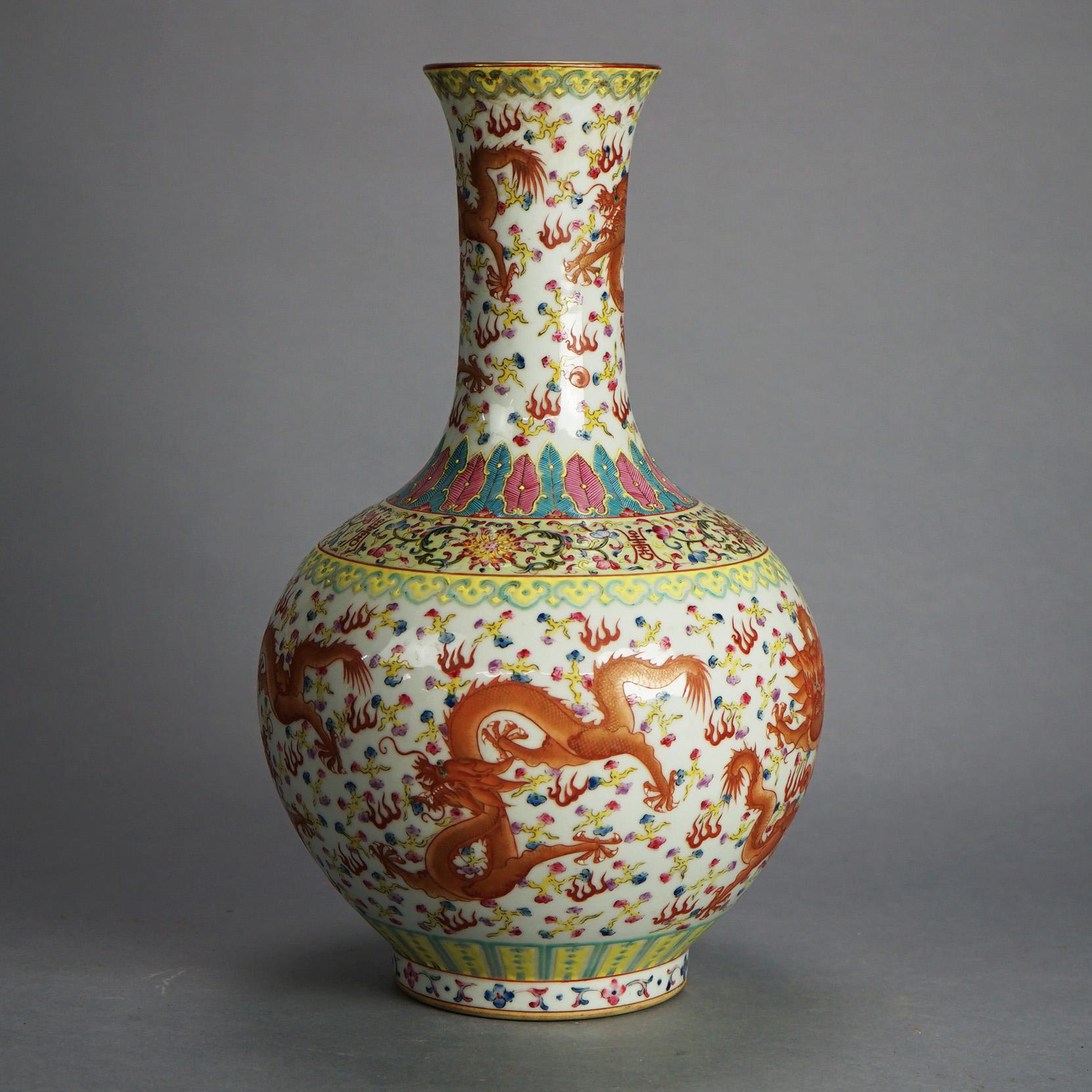 Large Chinese Famille Rose Hu Porcelain Vase with Kangxi Mark & Dragons 20thC In Good Condition For Sale In Big Flats, NY