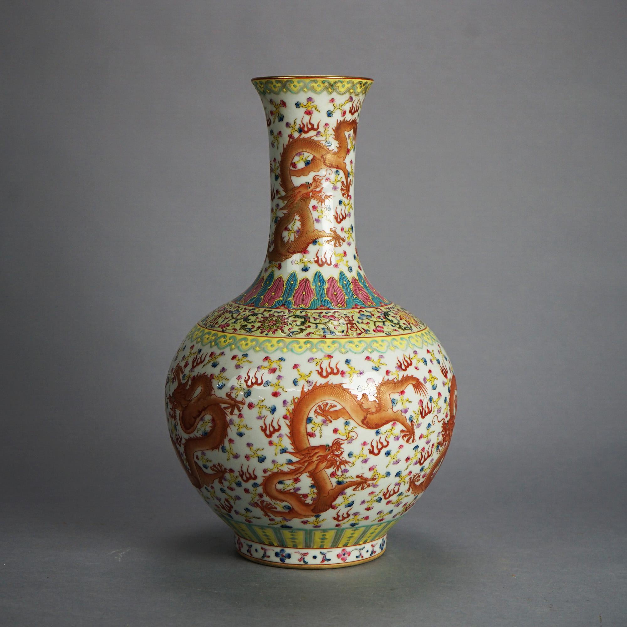 20th Century Large Chinese Famille Rose Hu Porcelain Vase with Kangxi Mark & Dragons 20thC For Sale