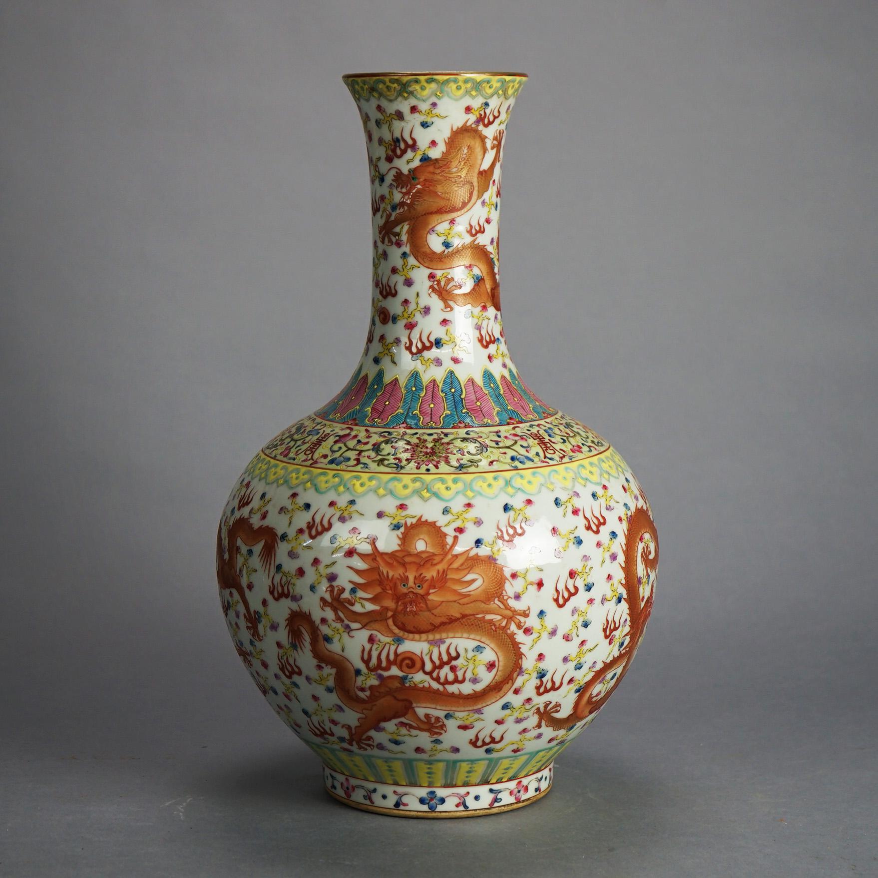 Large Chinese Famille Rose Hu Porcelain Vase with Kangxi Mark & Dragons 20thC For Sale 1