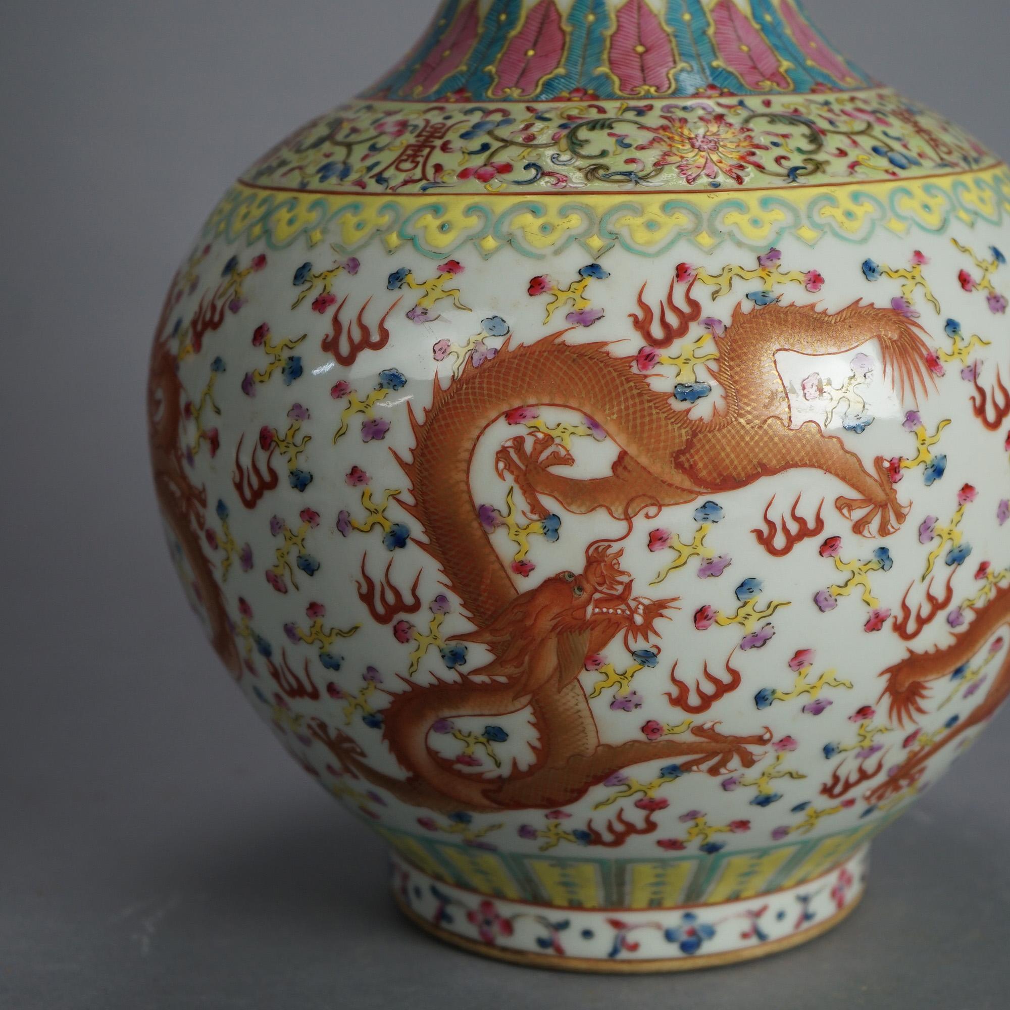 Large Chinese Famille Rose Hu Porcelain Vase with Kangxi Mark & Dragons 20thC For Sale 3