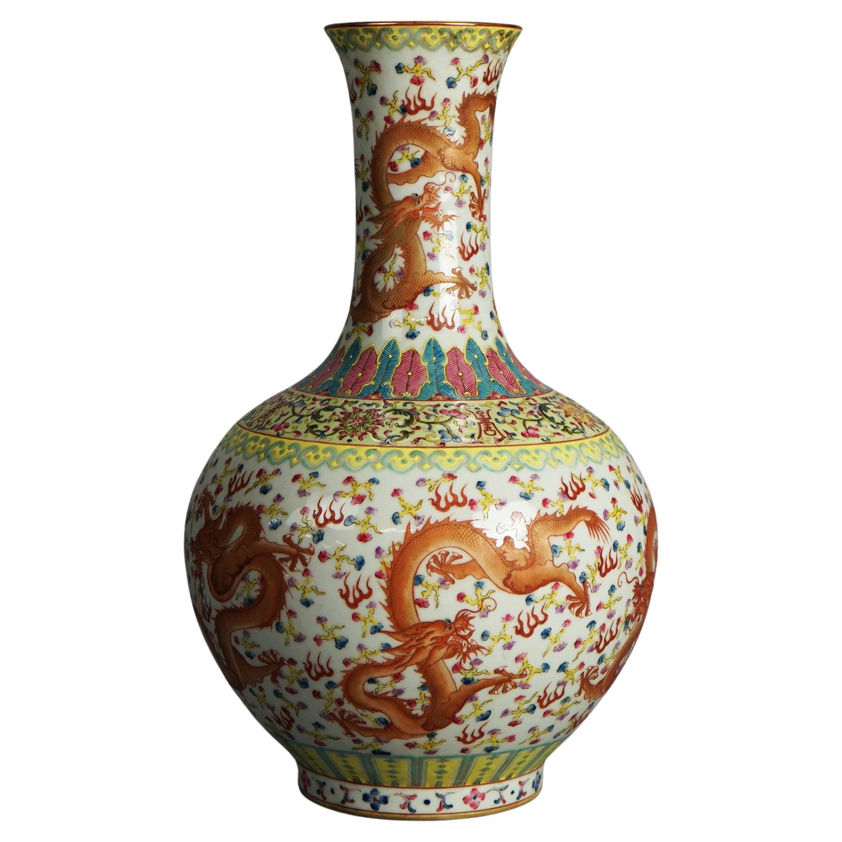 Large Chinese Famille Rose Hu Porcelain Vase with Kangxi Mark & Dragons 20thC