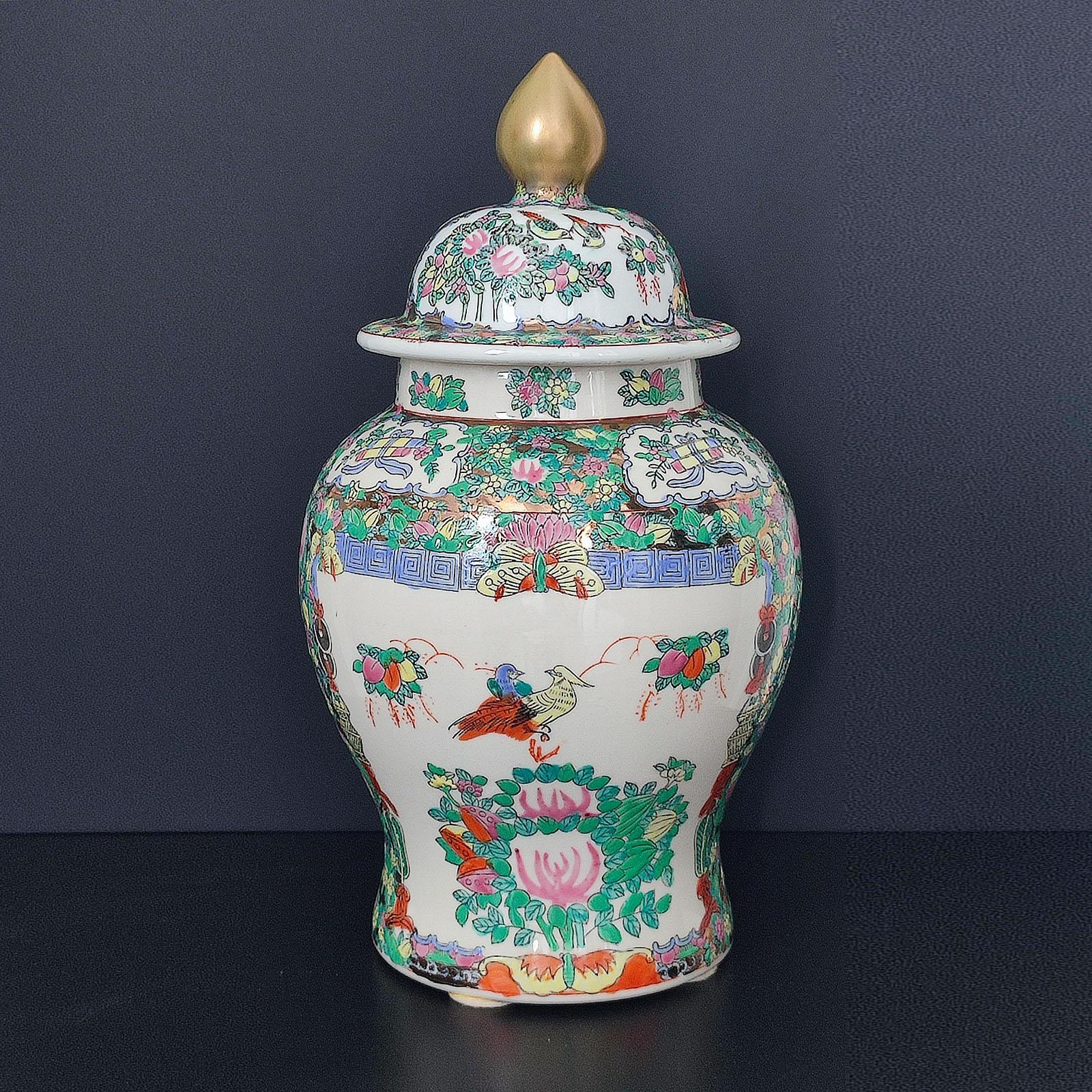 Large Chinese Famille Rose Lidded Jar
Enameled jar of very good large size and in lovely condition.
Vibrantly enameled overall with reserves of people, scenes, typical foliage, flowers, and insects.
Height 37 cm
Good used condition, normal wear.