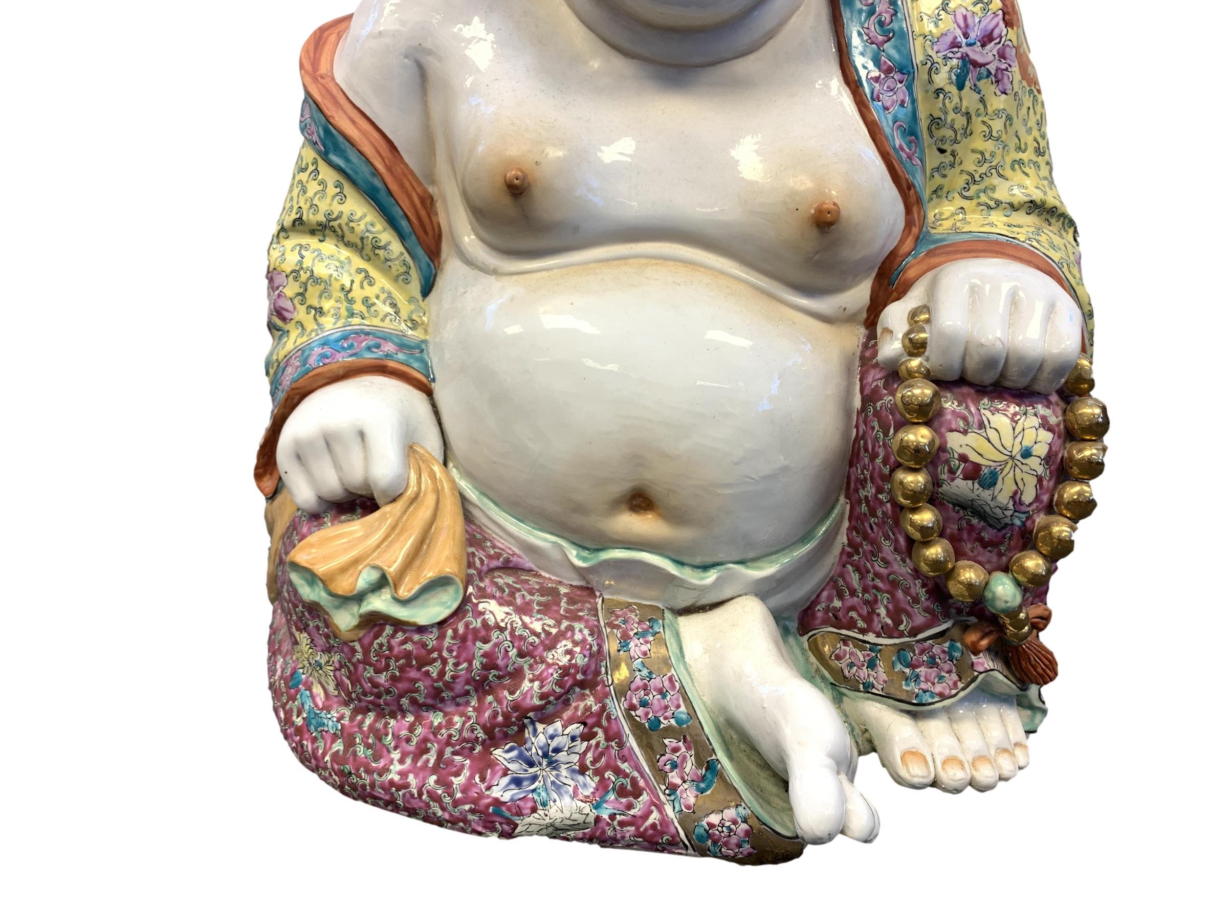 20th Century Large Chinese Famille Rose Porcelain Laughing Buddha Statue