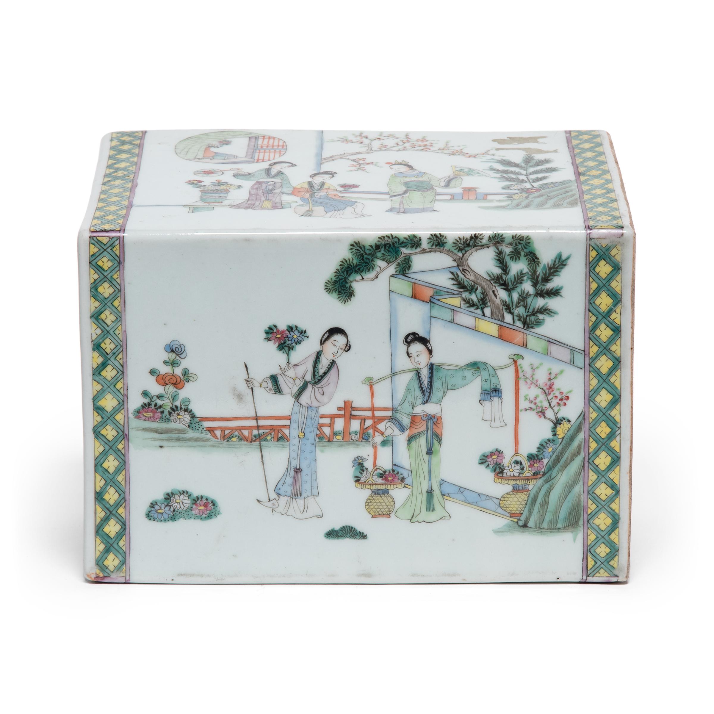 This large porcelain block is an oversized version of the headrests once used by well-to-do women to keep their elaborate hairstyles intact while sleeping. Its exaggerated scale and flat sides make this headrest the ideal canvas for intricate