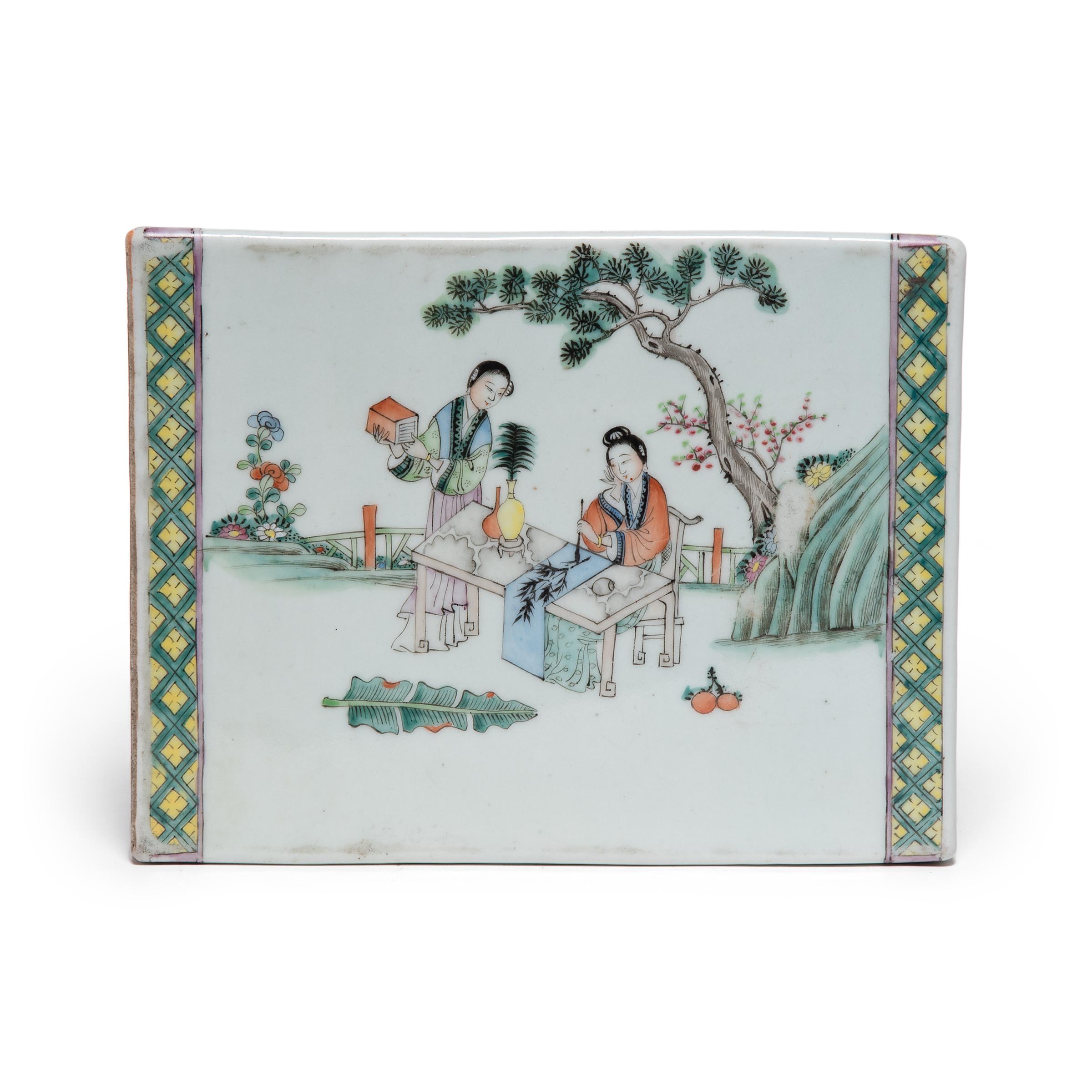 Glazed Large Chinese Famille Verte Headrest with Courtyard Scenes For Sale