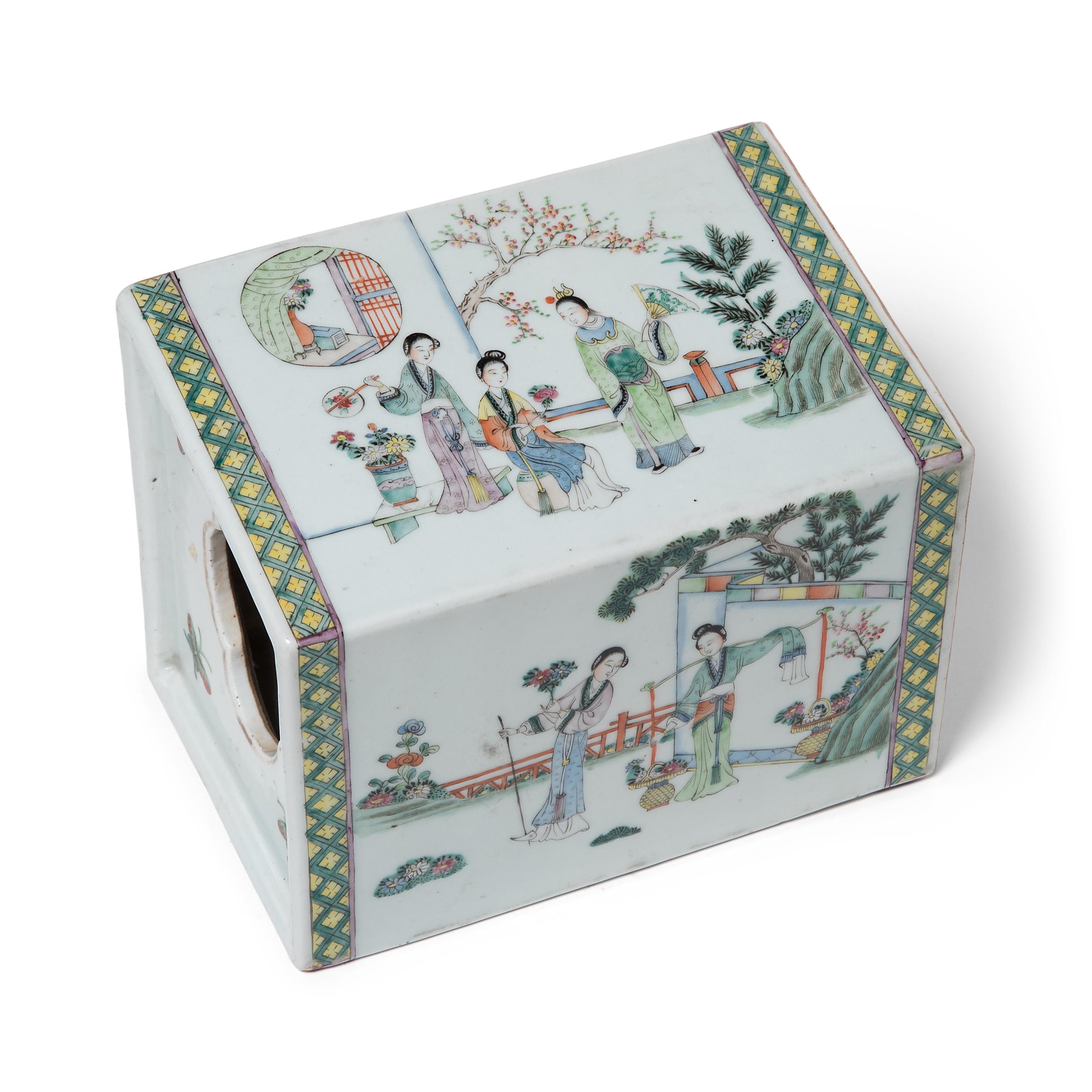 20th Century Large Chinese Famille Verte Headrest with Courtyard Scenes For Sale