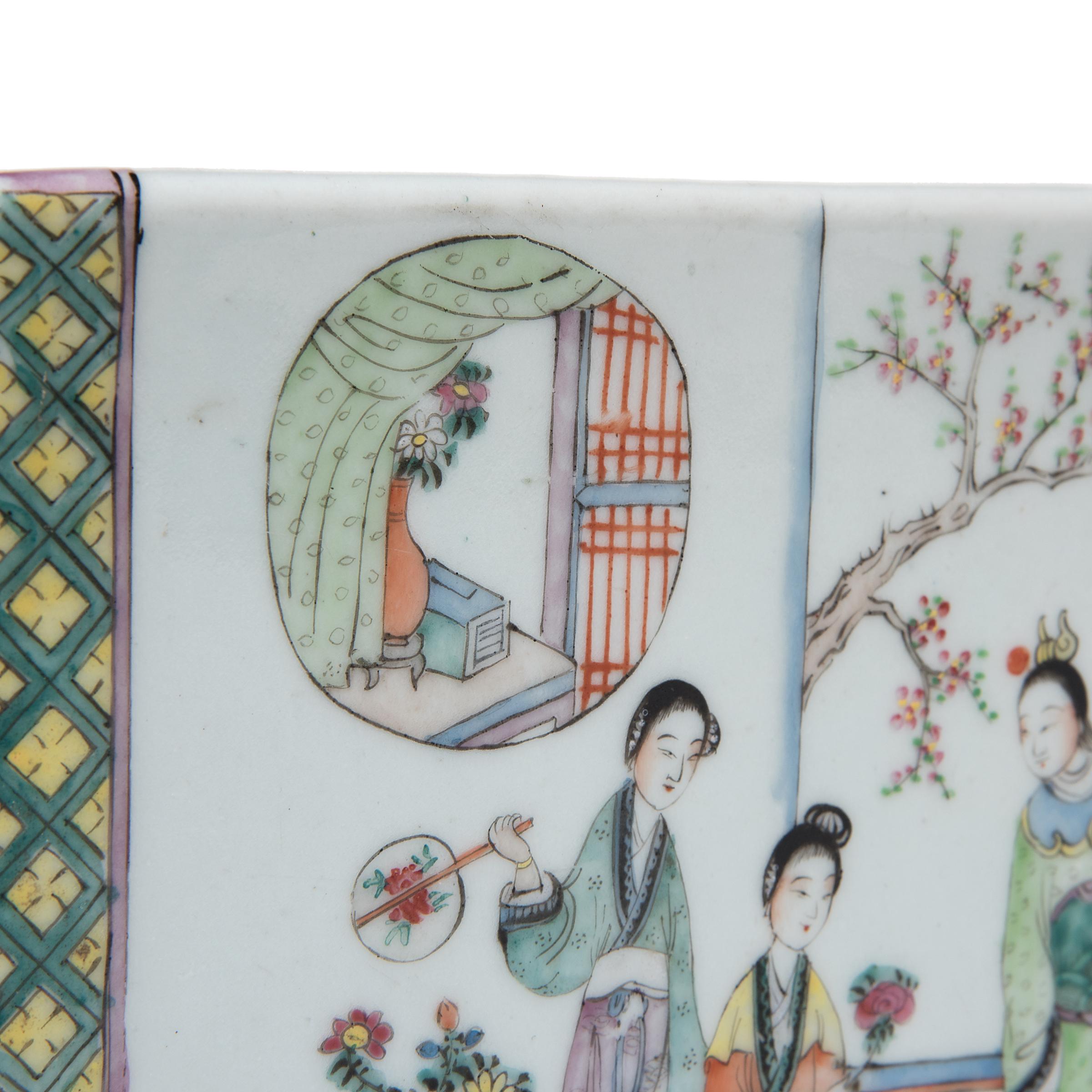 Porcelain Large Chinese Famille Verte Headrest with Courtyard Scenes For Sale
