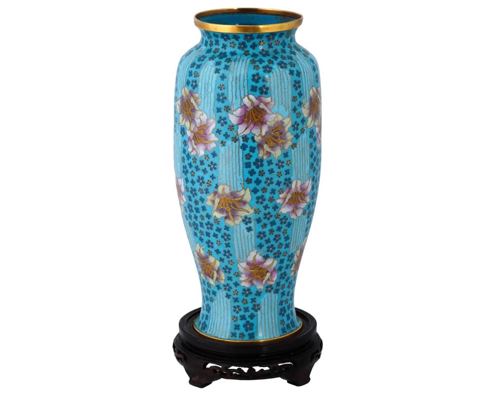 Cloissoné Large Chinese Floral Cloisonne Enamel Vase W Stand For Sale