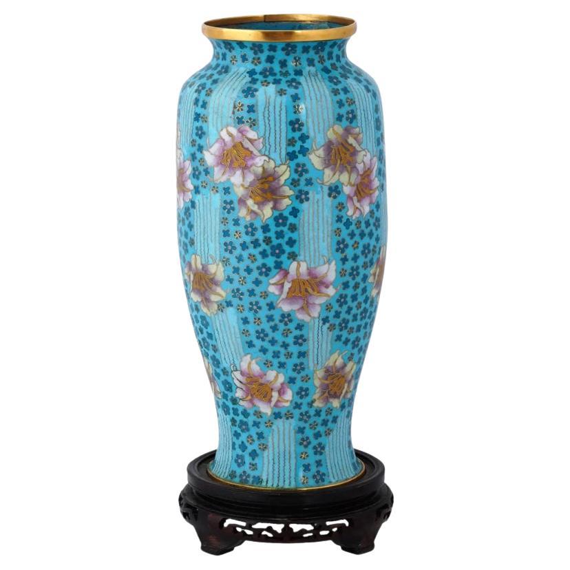 Large Chinese Floral Cloisonne Enamel Vase W Stand For Sale