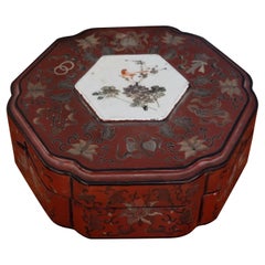 Antique Large Chinese Gilt Lacquered Box with Porcelain Medallion