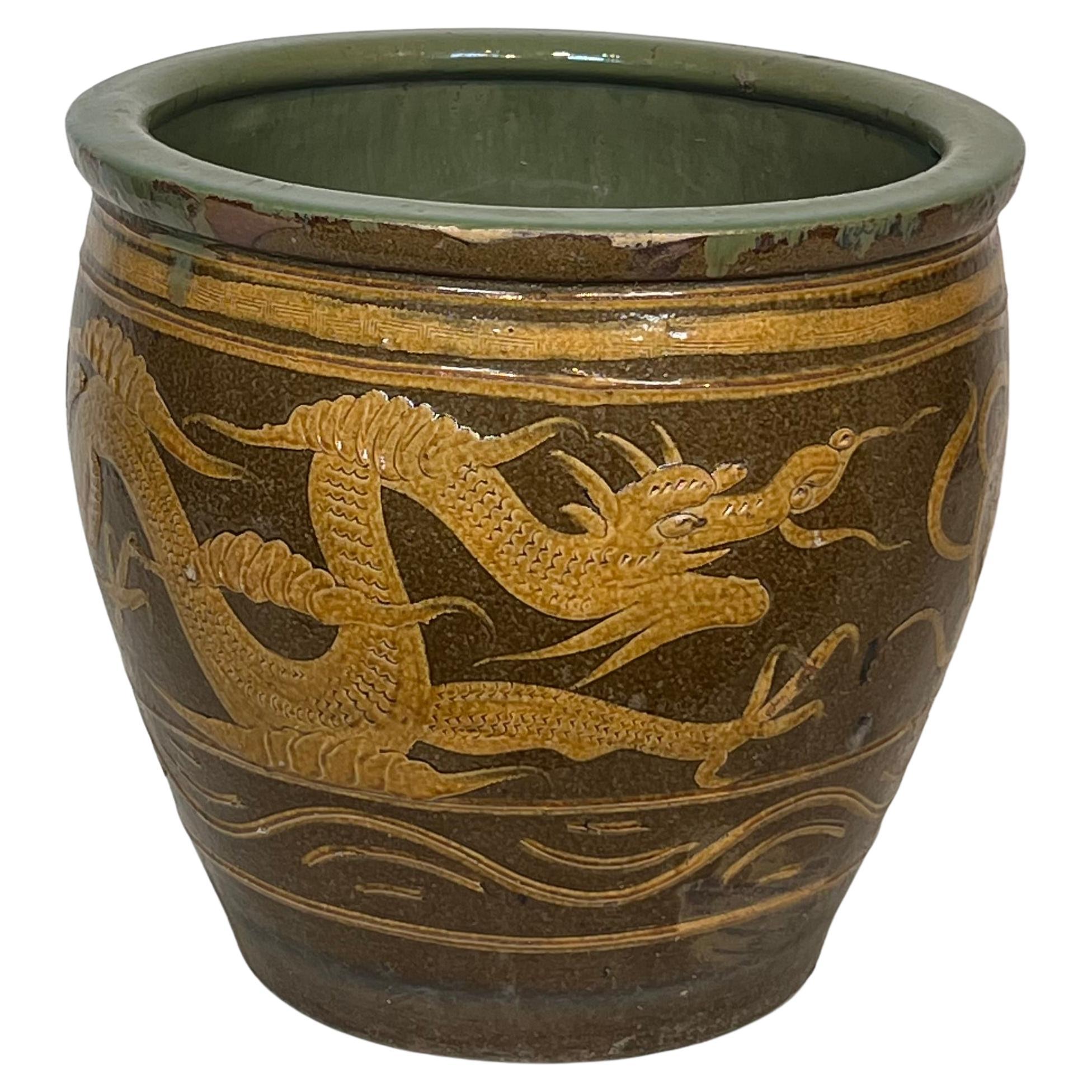 Large Chinese Glazed Terracotta Planter Decorated with Dragons