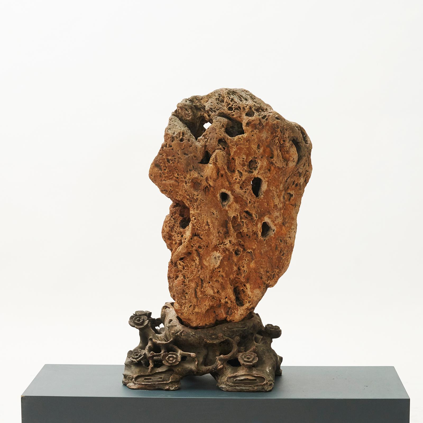 Large Scholar stone. Mounted on custom hand carved hard wood bases with flowers.
