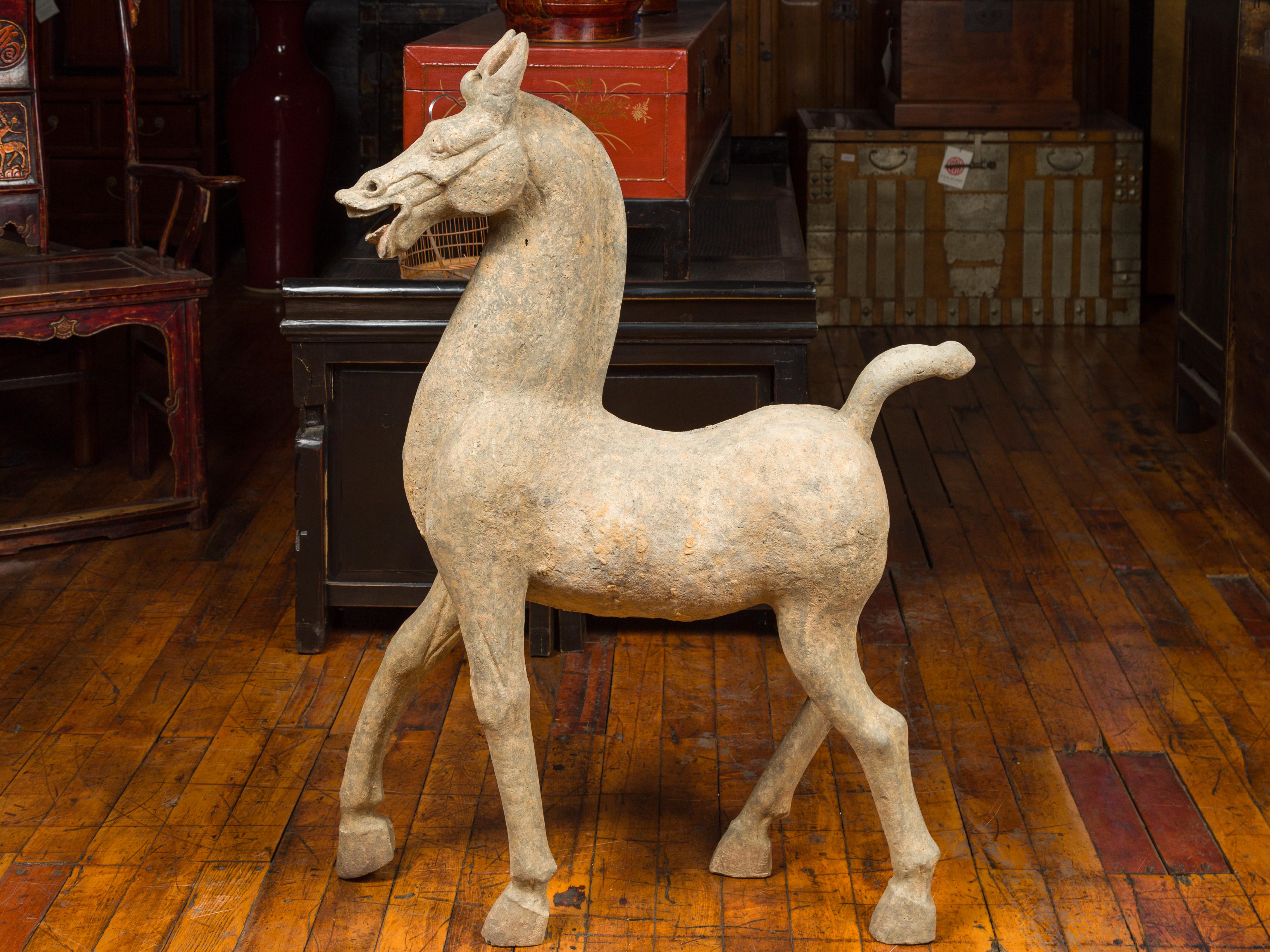 Large Chinese Han Dynasty Period Terracotta Walking Horse, circa 202 BC-200 AD In Good Condition In Yonkers, NY