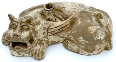 Large Chinese Han Dynasty Style Pottery Stylized Foo Dog Joss/ Candlestick