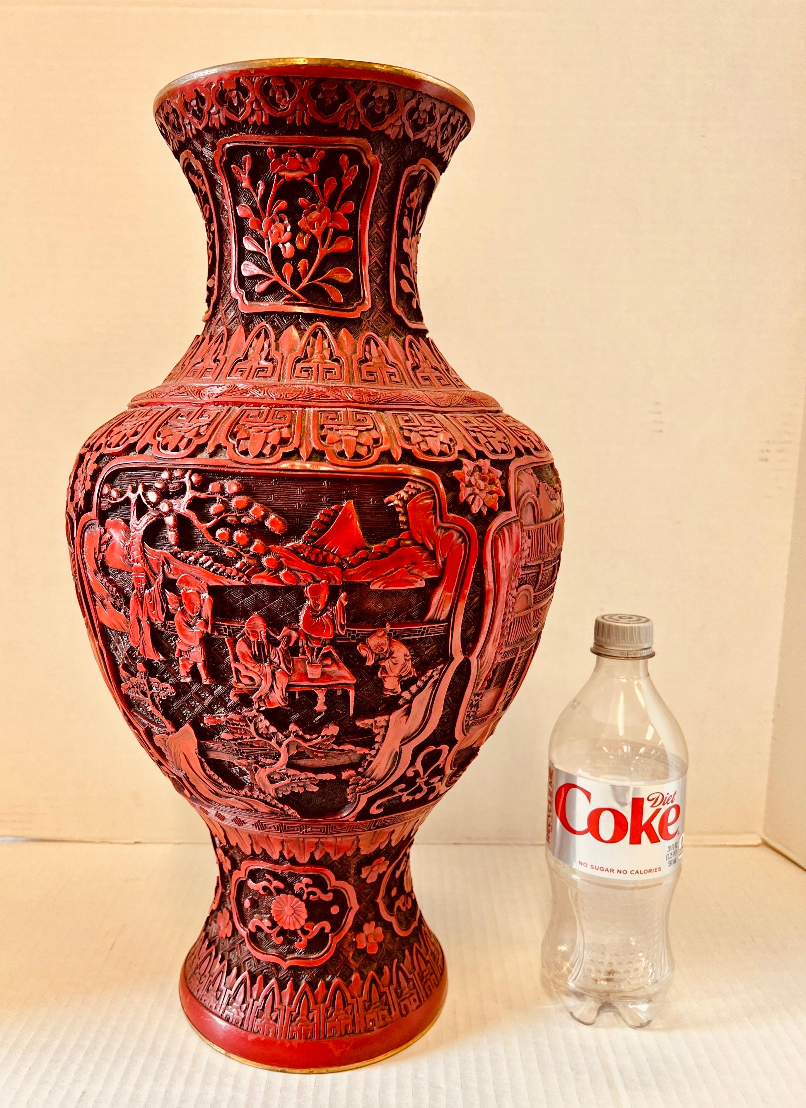 Large Chinese Hand Carved Cinnabar Vase with Brass Lining 4