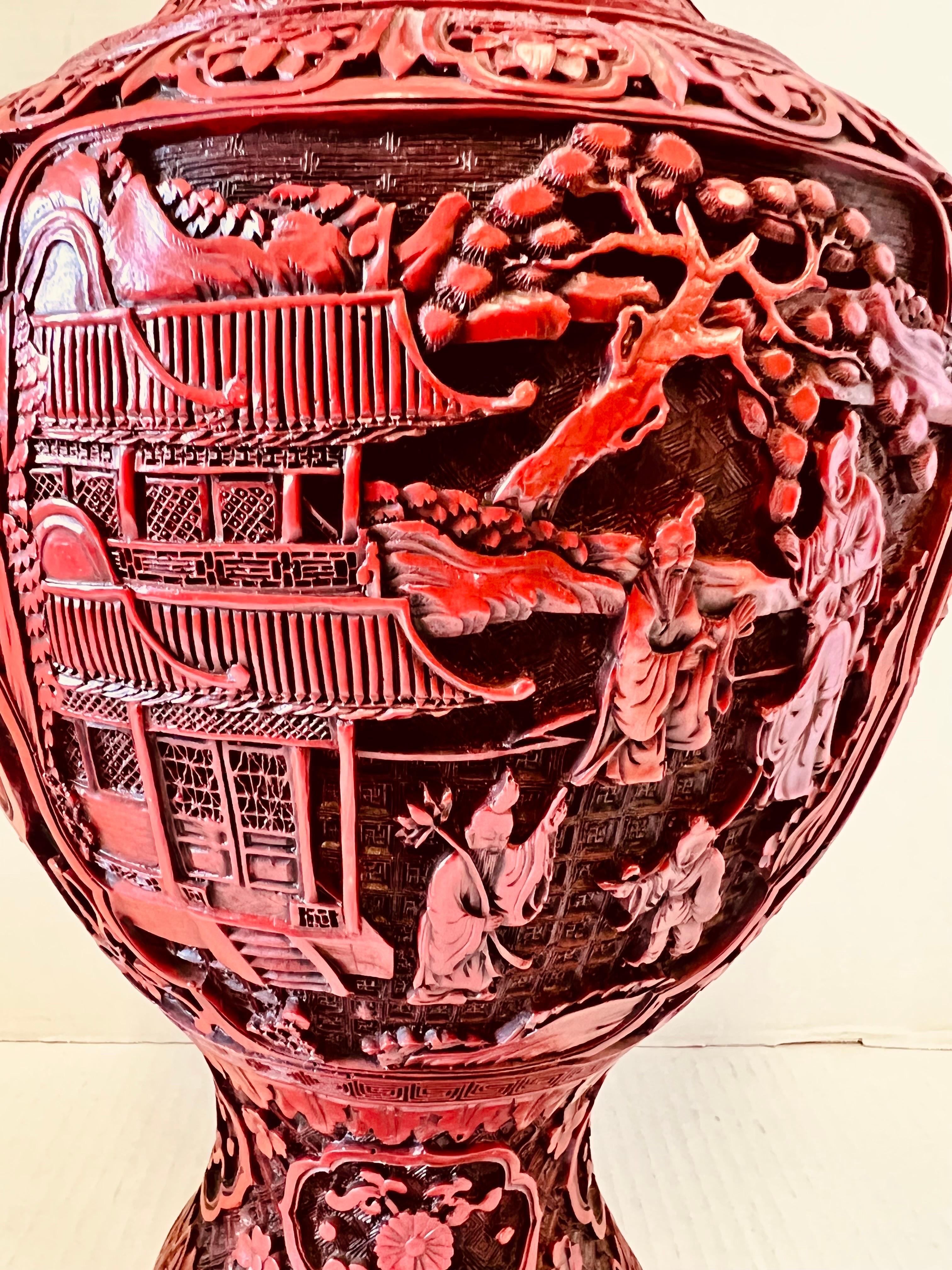Qing Large Chinese Hand Carved Cinnabar Vase with Brass Lining