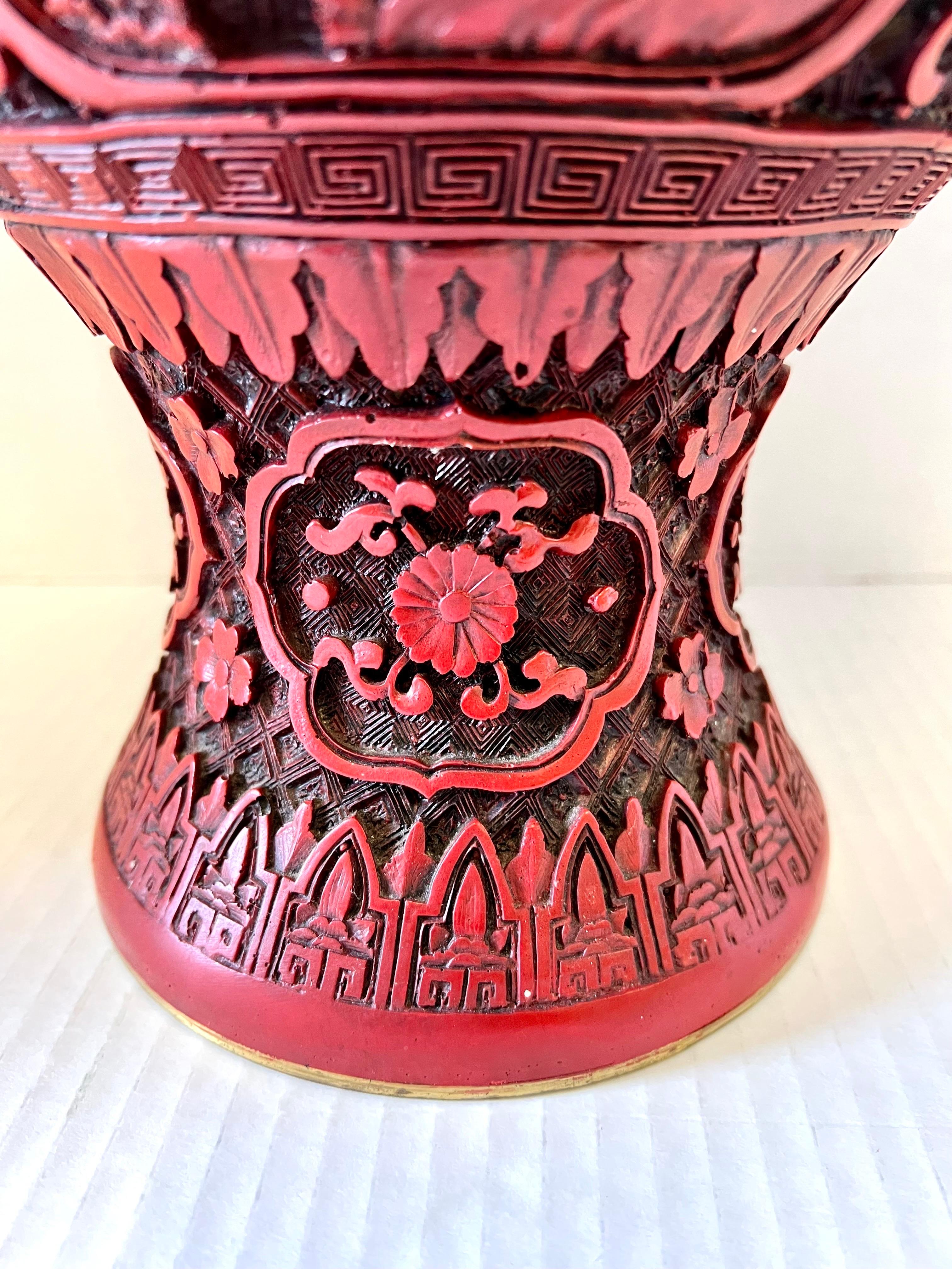 Hand-Carved Large Chinese Hand Carved Cinnabar Vase with Brass Lining