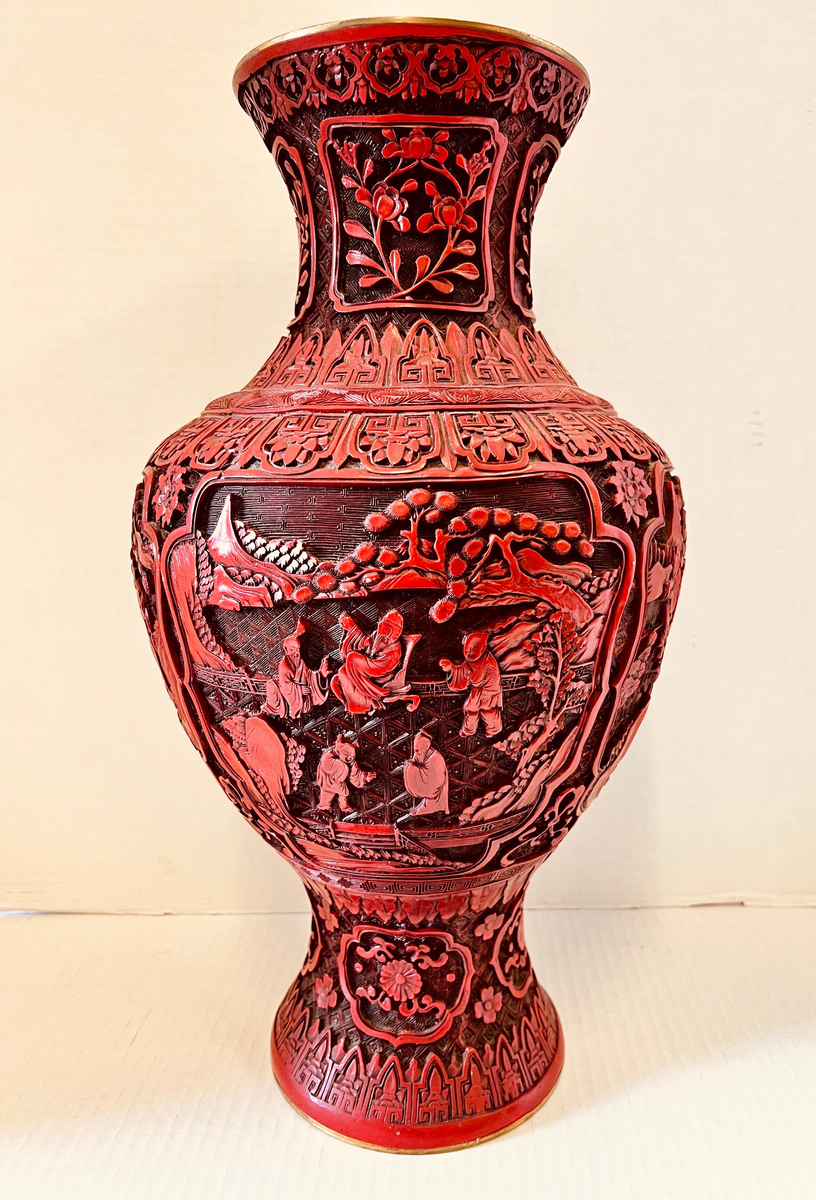 Large Chinese Hand Carved Cinnabar Vase with Brass Lining In Good Condition In West Hartford, CT