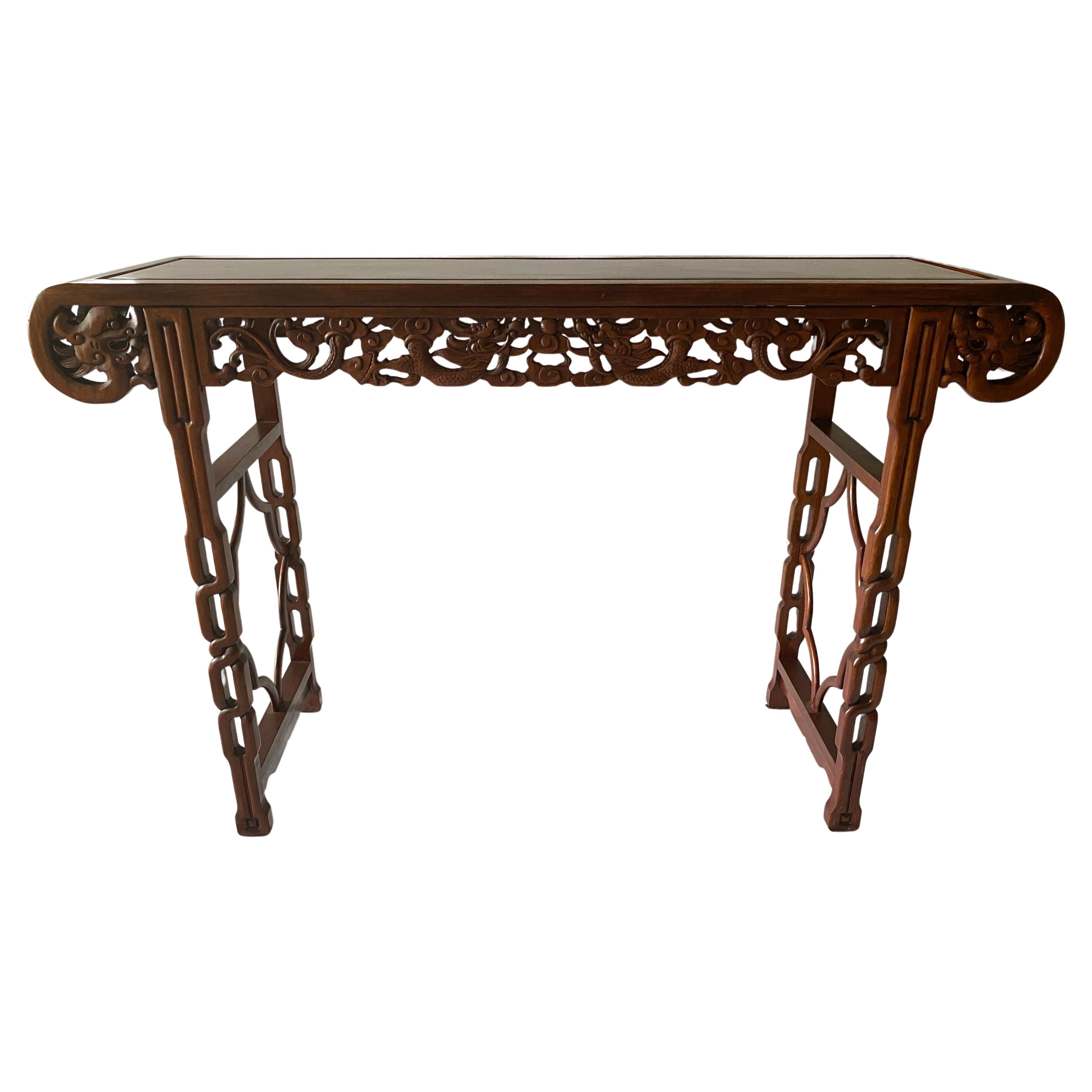 Gran mesa de altar china tallada a mano con forma de dragón o mesa de entrada de palisandro