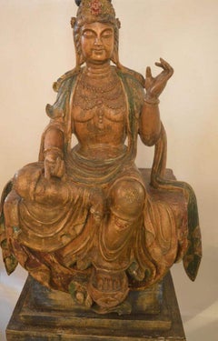 Large Chinese Hand-Carved Polychrome Wood Figure of Guanyin, Late 19th Century.