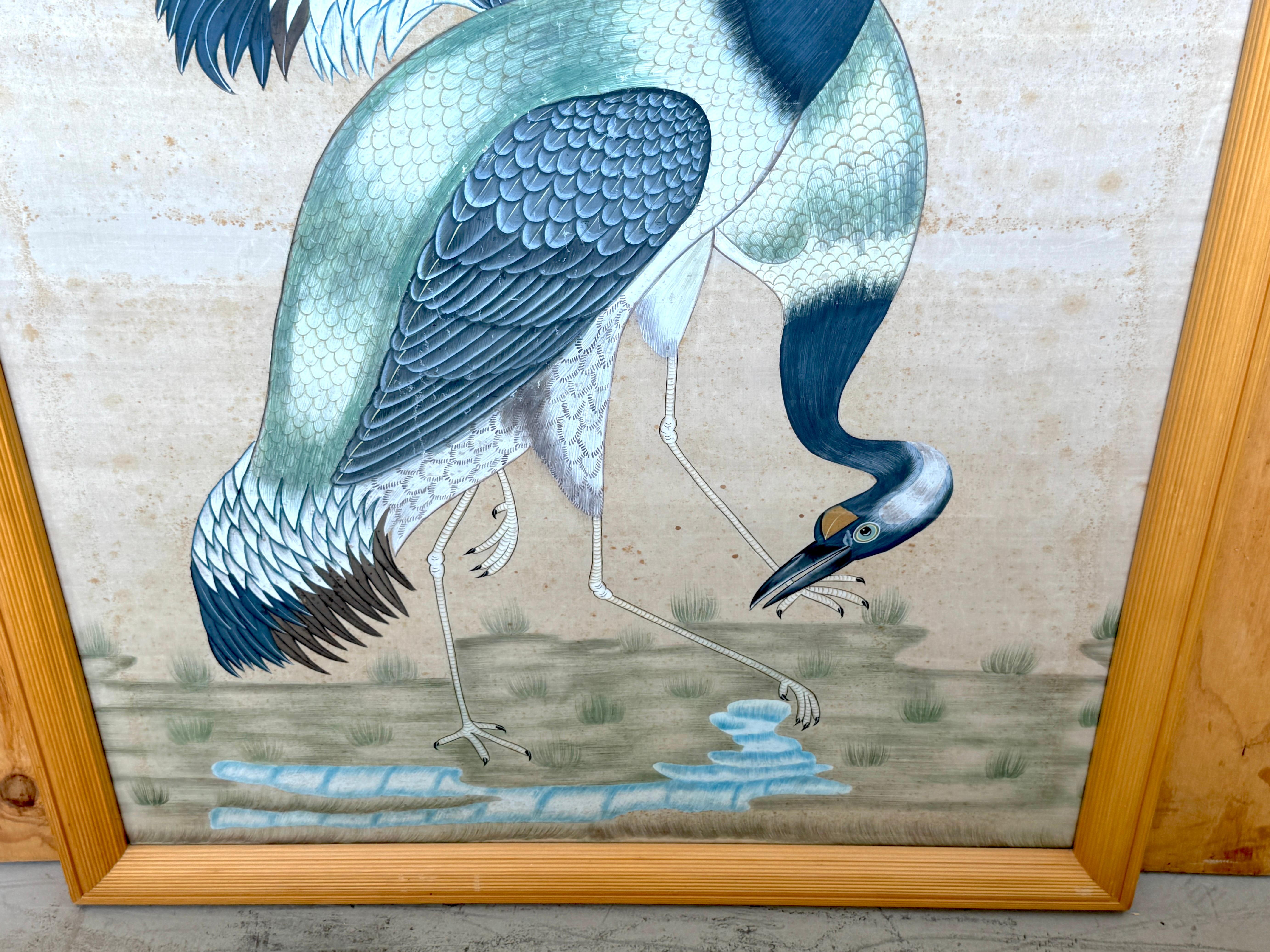 Large Chinese Hand-Painted Silk Scroll of Two Blue Cranes, Mid Century For Sale 6