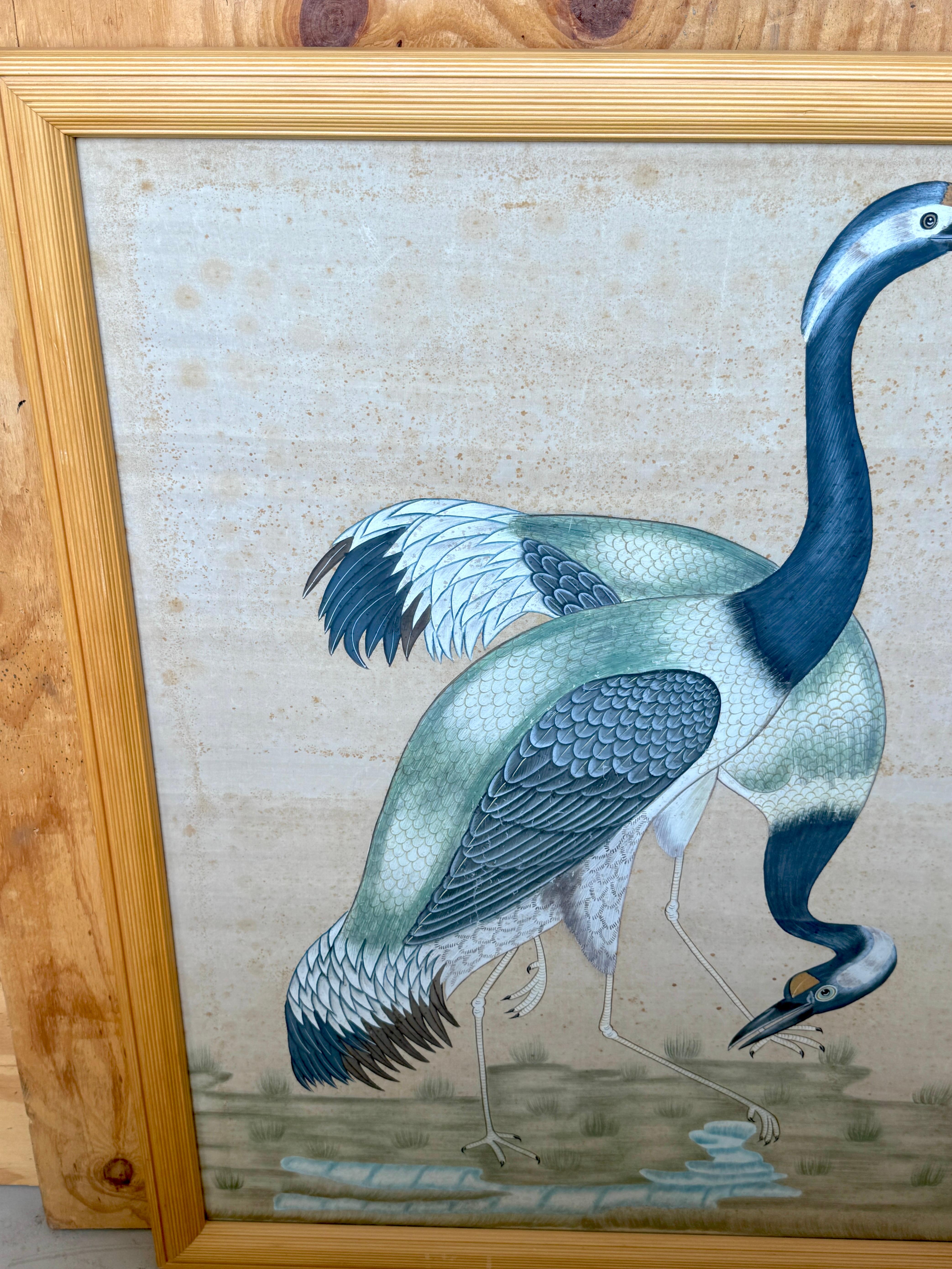 Large Chinese Hand-Painted Silk Scroll of Two Blue Cranes, Mid Century For Sale 8