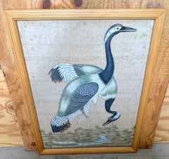 Large Chinese Hand-Painted Silk Scroll of Two Blue Cranes, Mid Century