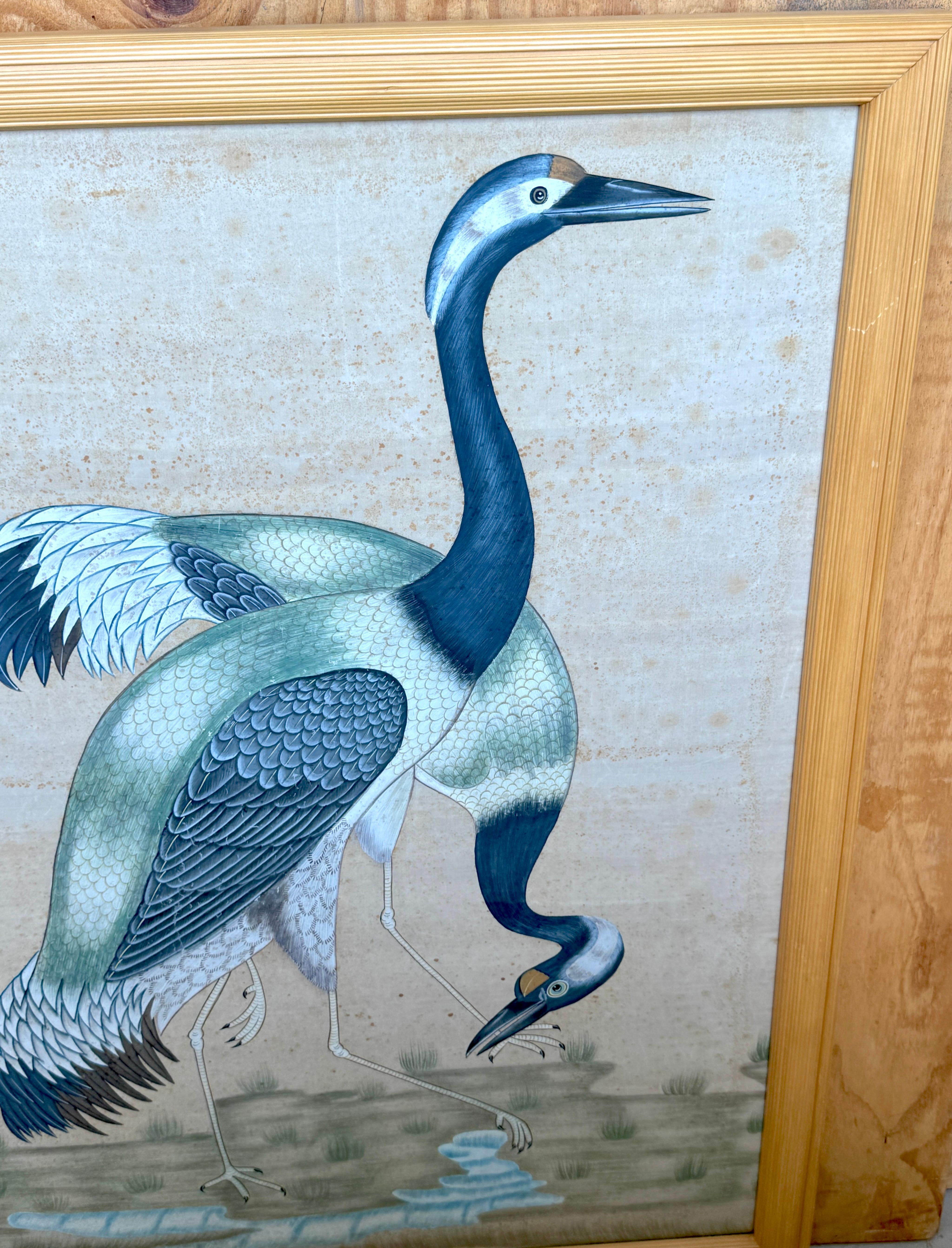 Chinese Export Large Chinese Hand-Painted Silk Scroll of Two Blue Cranes, Mid Century For Sale