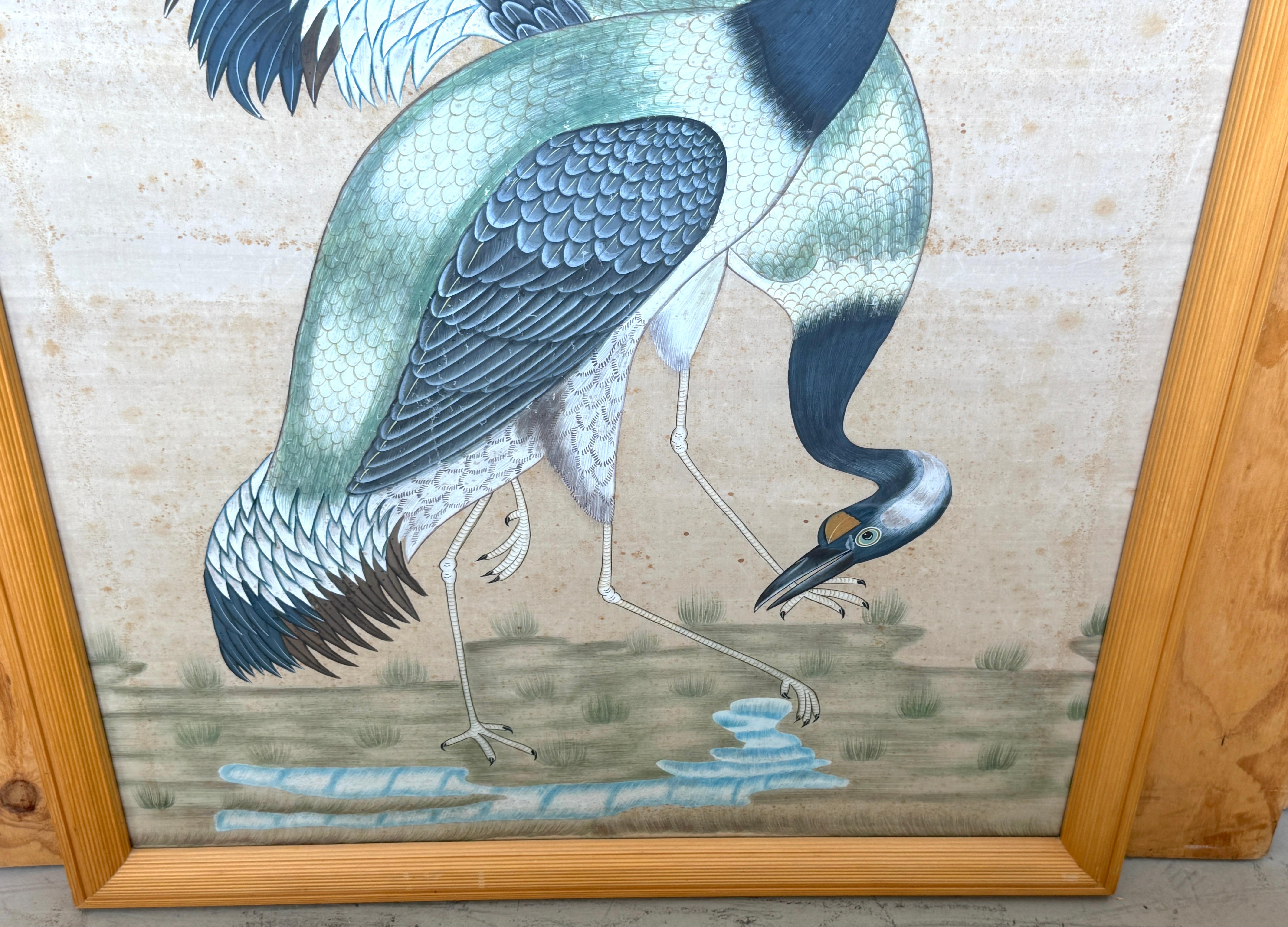 Large Chinese Hand-Painted Silk Scroll of Two Blue Cranes, Mid Century In Good Condition For Sale In West Palm Beach, FL