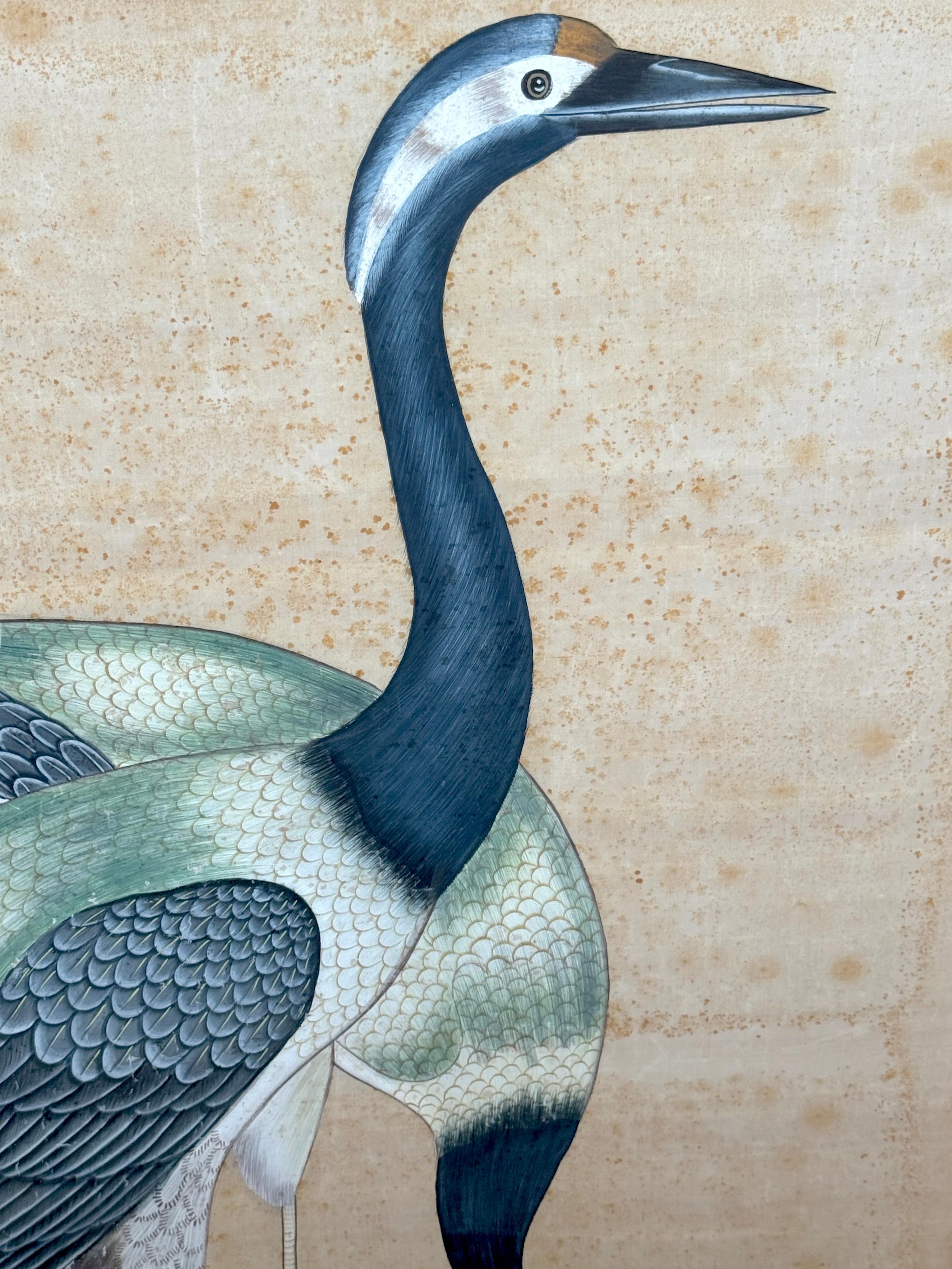 20th Century Large Chinese Hand-Painted Silk Scroll of Two Blue Cranes, Mid Century For Sale