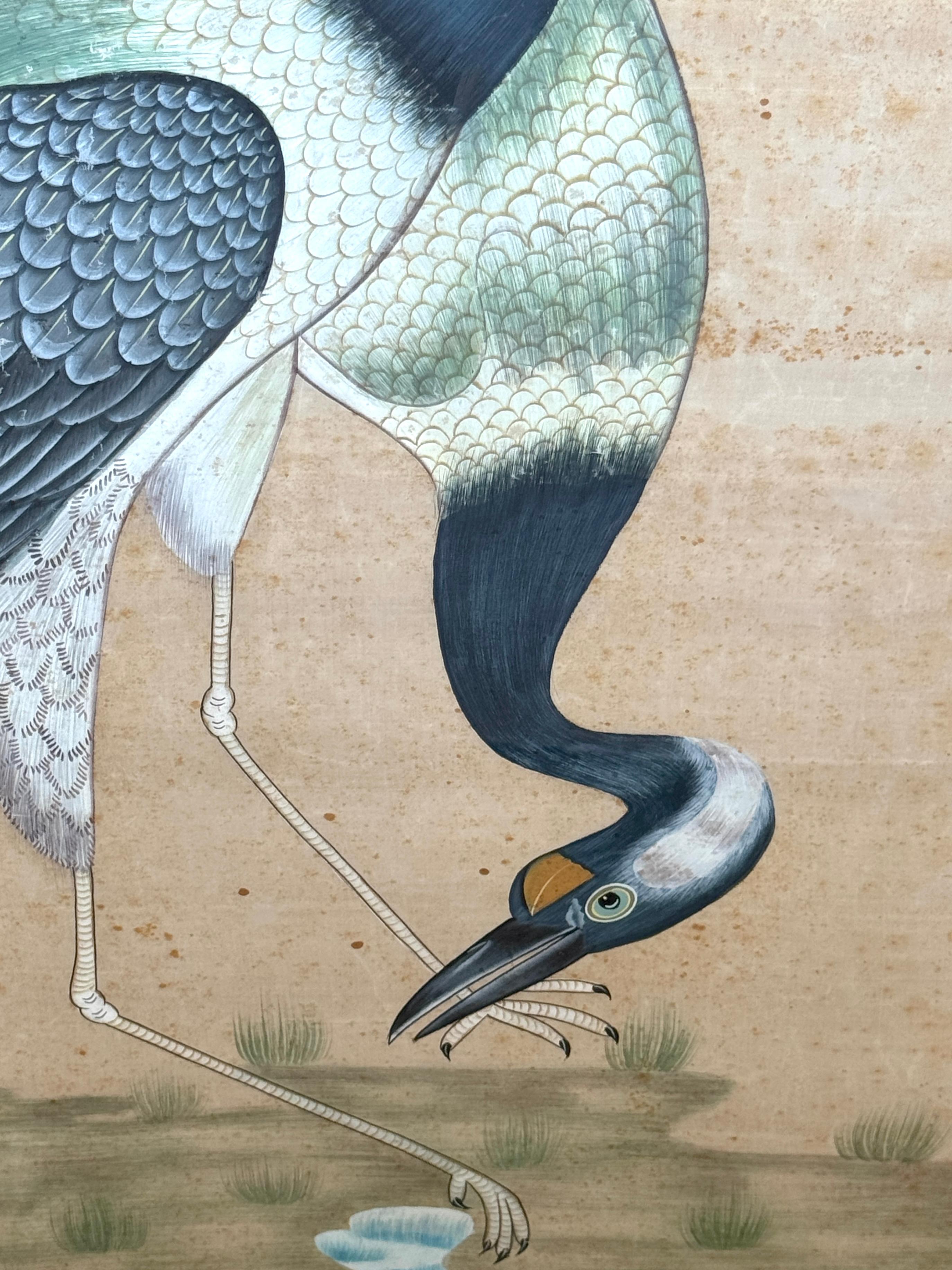 Large Chinese Hand-Painted Silk Scroll of Two Blue Cranes, Mid Century For Sale 1