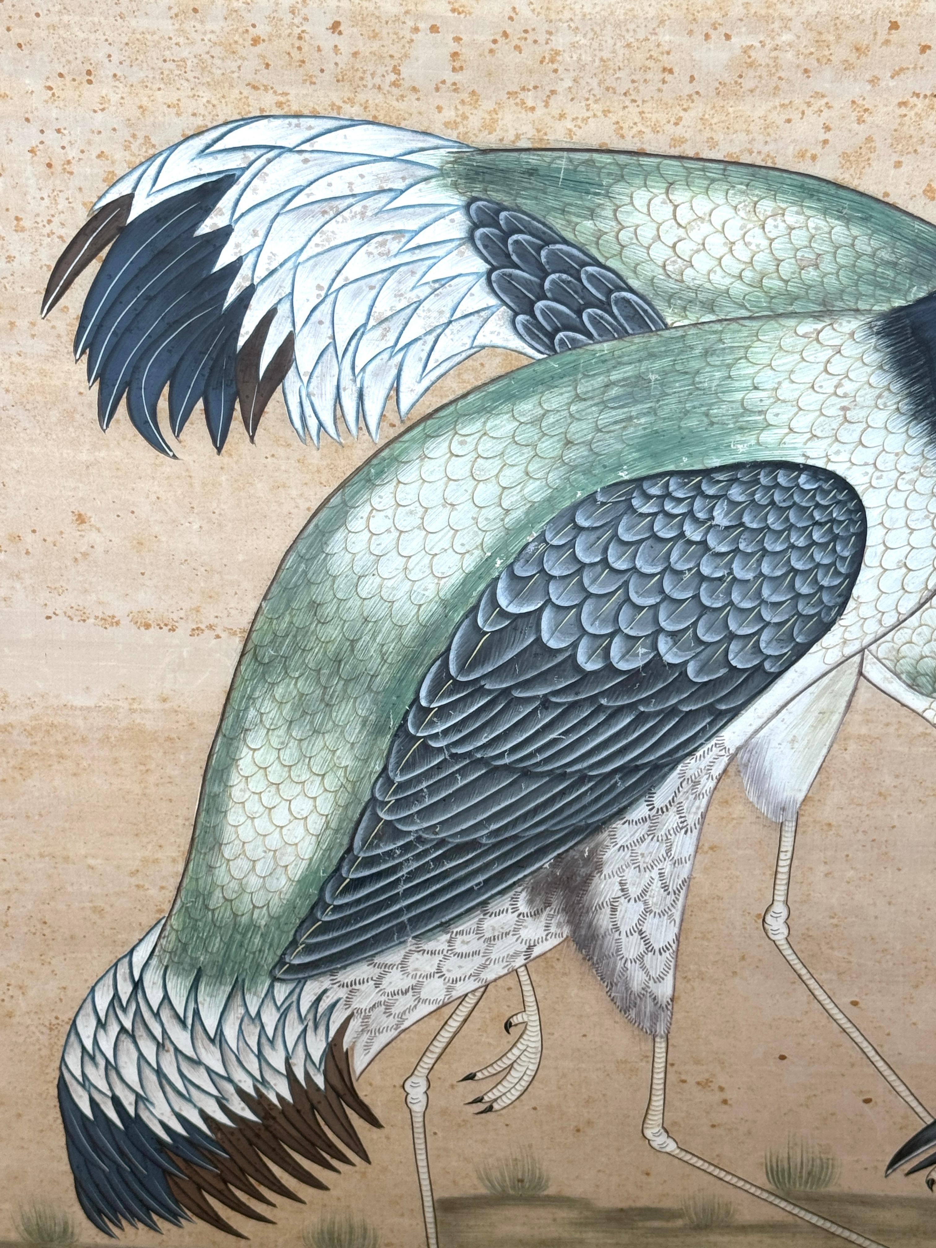 Large Chinese Hand-Painted Silk Scroll of Two Blue Cranes, Mid Century For Sale 3