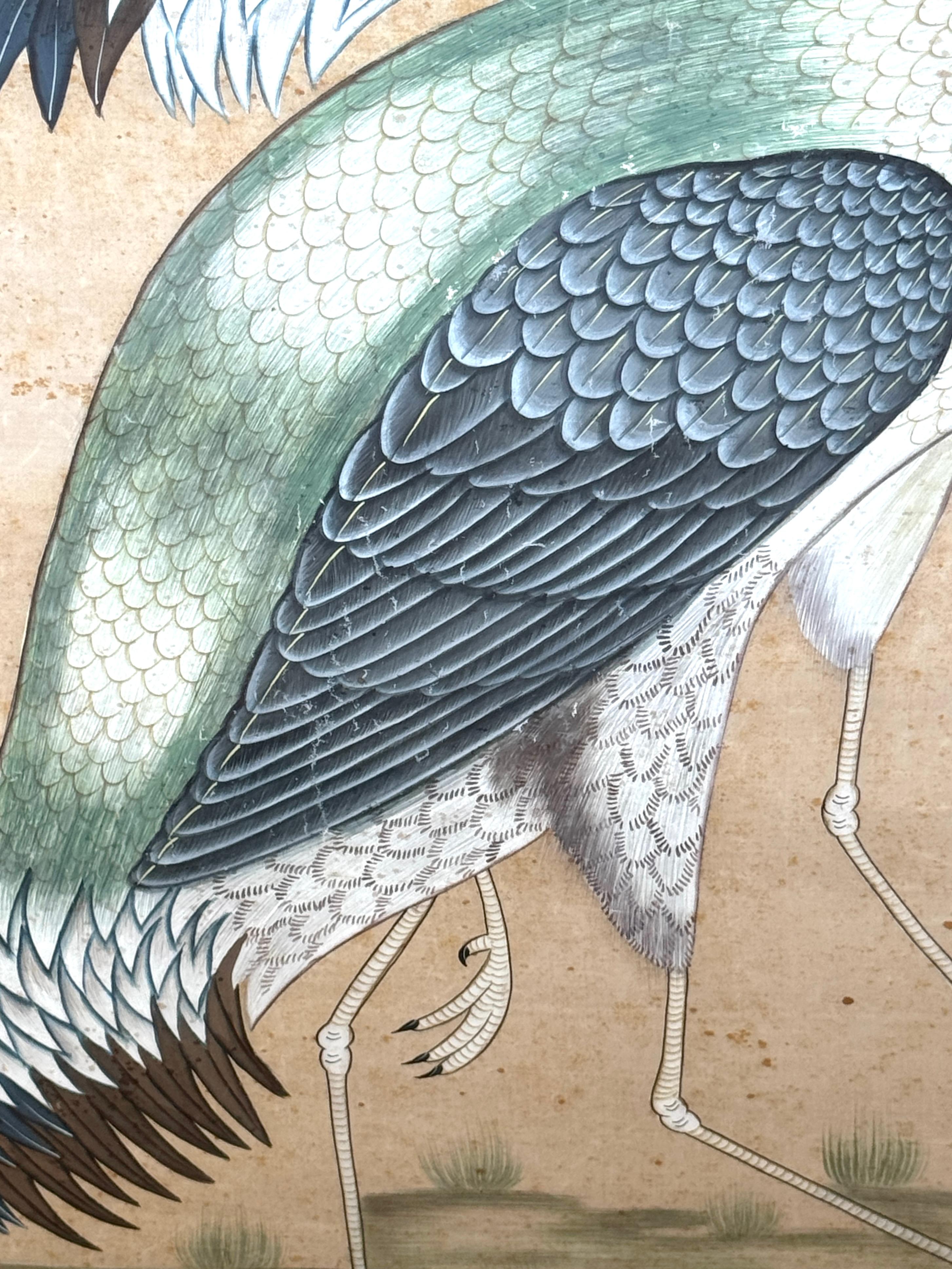 Large Chinese Hand-Painted Silk Scroll of Two Blue Cranes, Mid Century For Sale 4