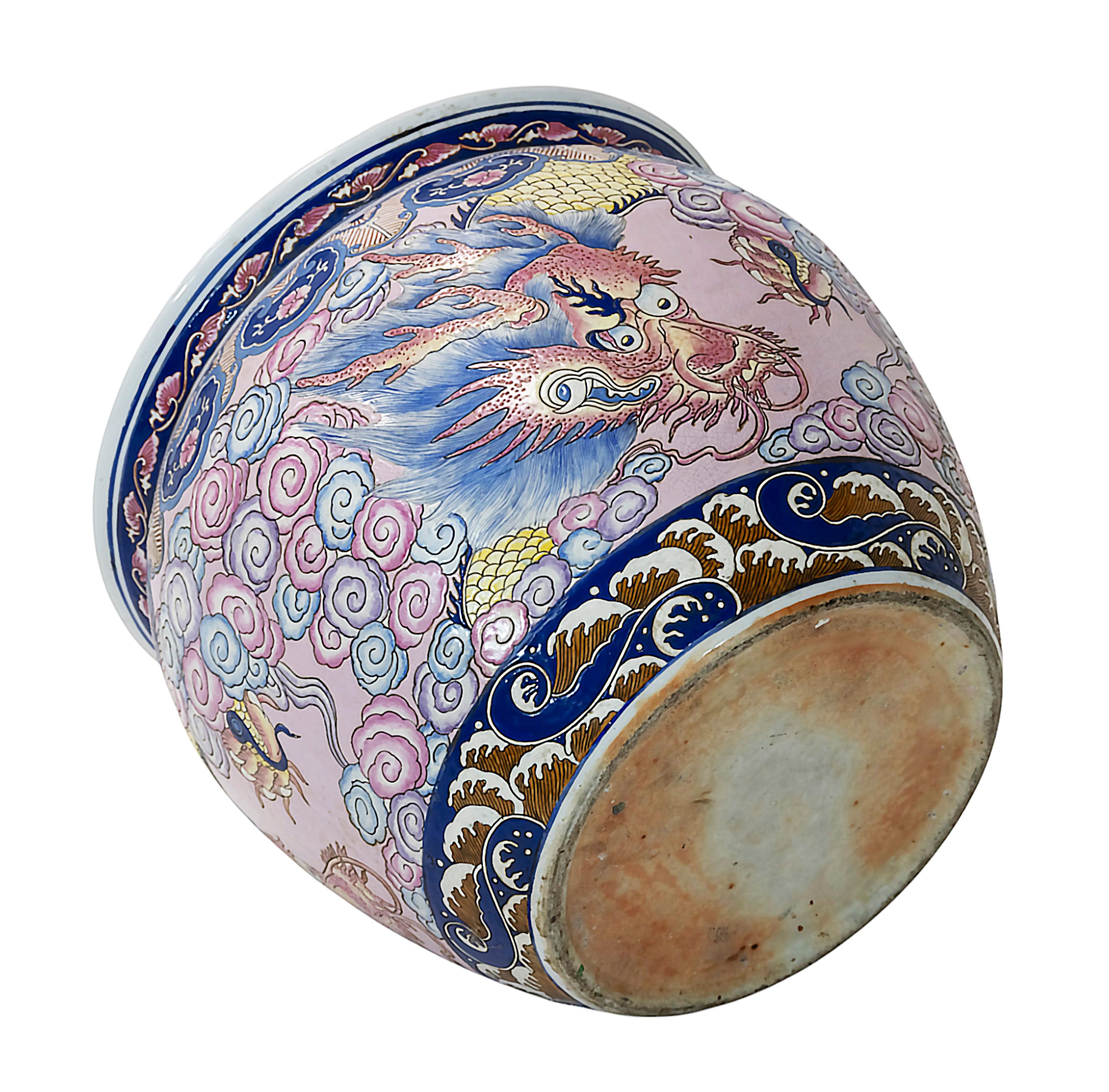 20th Century Large Chinese Handmade Ceramic Planter Pot Fish Basin For Sale