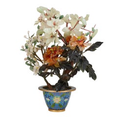 Large Chinese Hardstone Flower Tree Model in a Cloisonné Enamel Pot