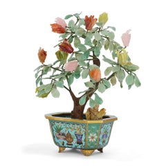 Large Chinese Hardstone Model of a Flower Tree in a Cloisonné Enamel Planter